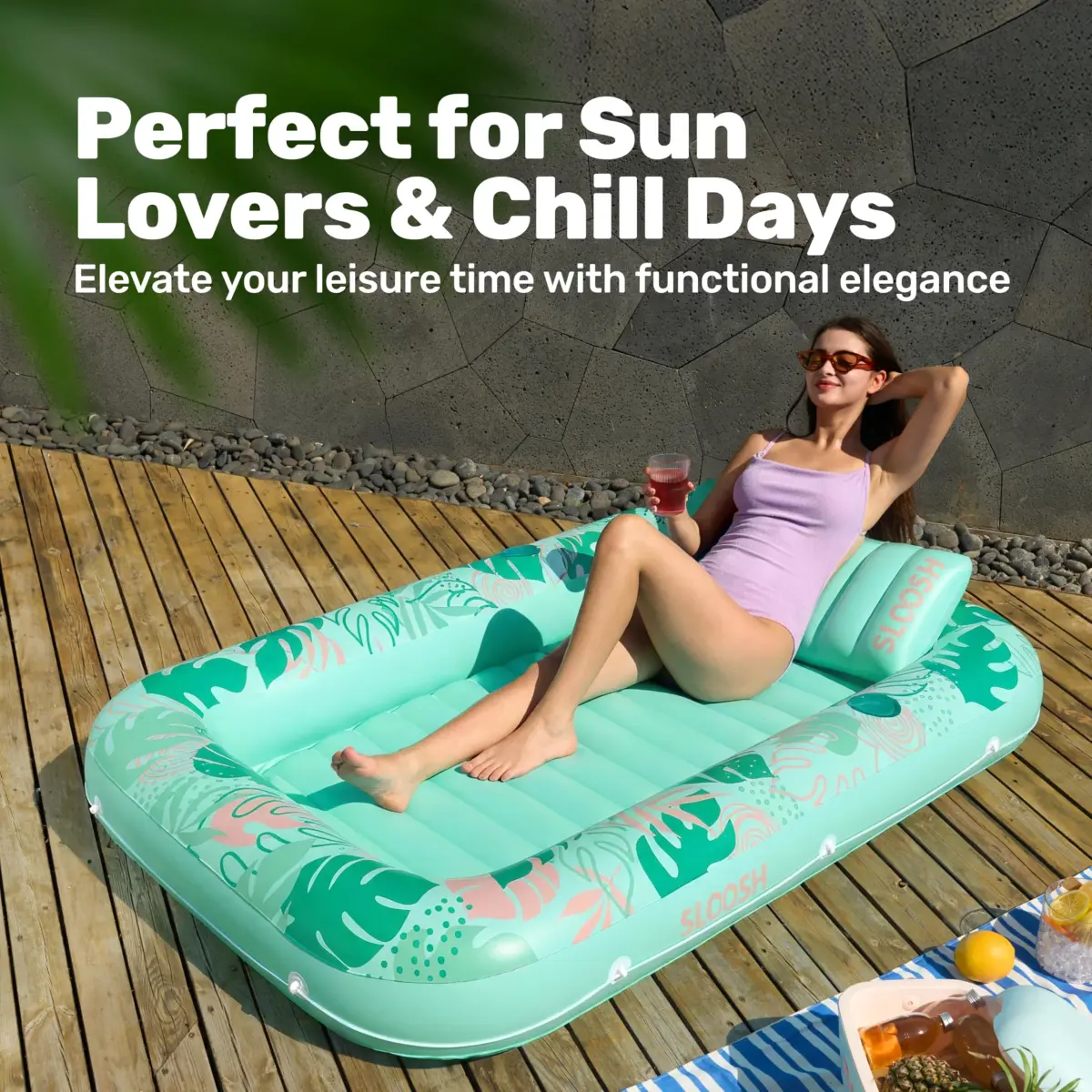 Sloosh Inflatable Tanning Pool Lounger Float 203cm x 117cm (80" x 46") | Personal Sunbathing Oasis with Pillow & Drink Holders - view 8