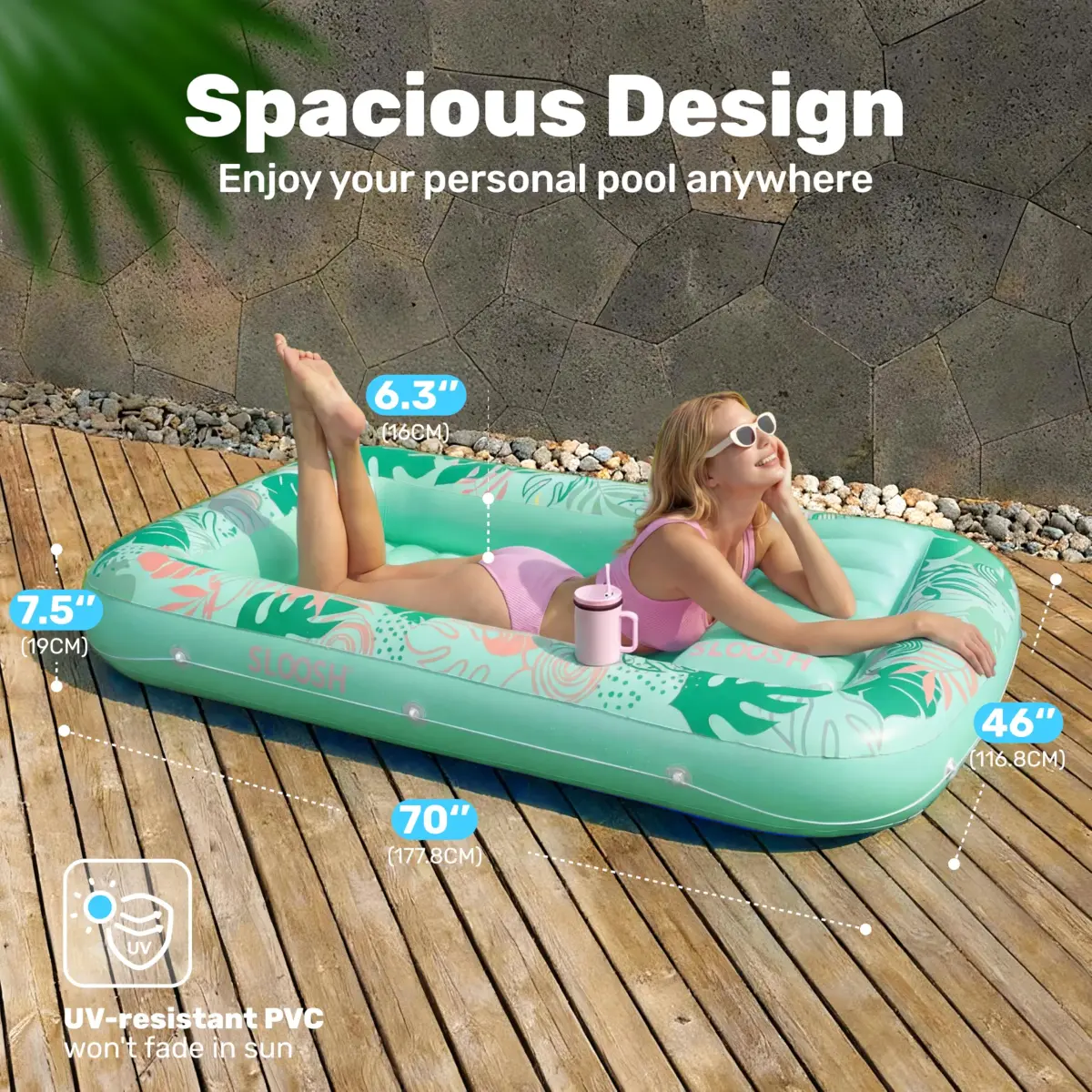 Sloosh Inflatable Tanning Pool Lounger Float 203cm x 117cm (80" x 46") | Personal Sunbathing Oasis with Pillow & Drink Holders - view 2