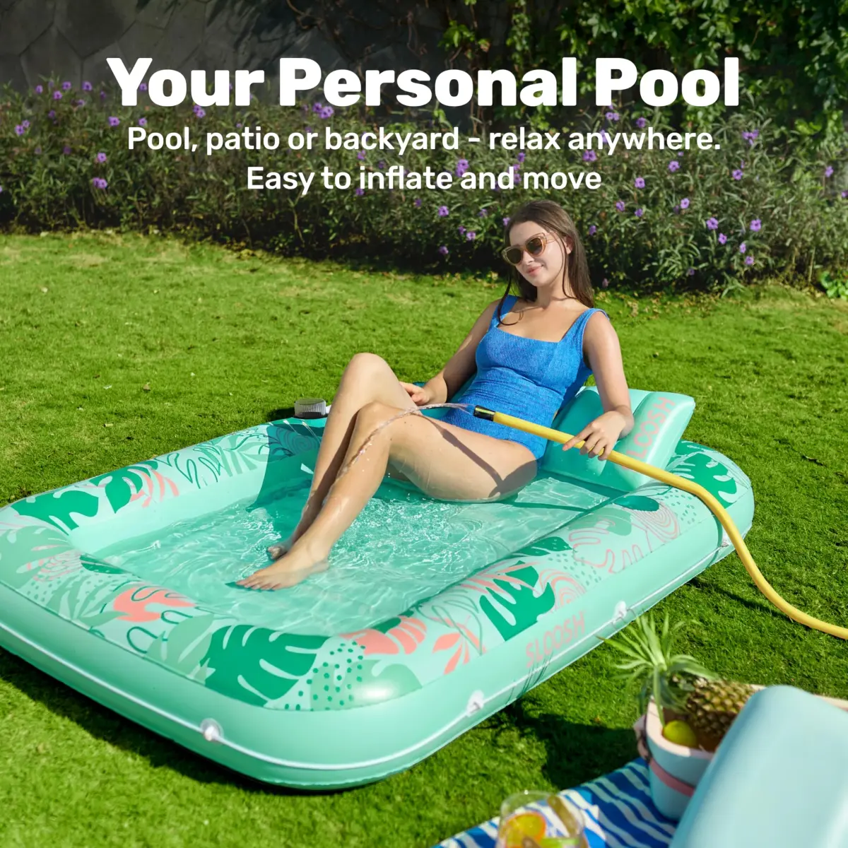 Sloosh Inflatable Tanning Pool Lounger Float 203cm x 117cm (80" x 46") | Personal Sunbathing Oasis with Pillow & Drink Holders - view 3