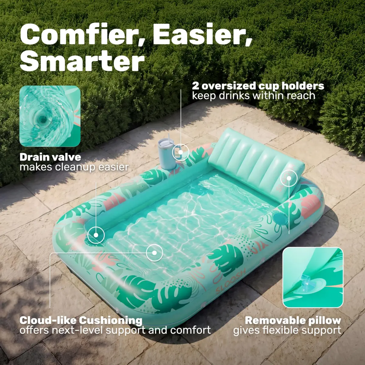 Sloosh Inflatable Tanning Pool Lounger Float 203cm x 117cm (80" x 46") | Personal Sunbathing Oasis with Pillow & Drink Holders - view 4