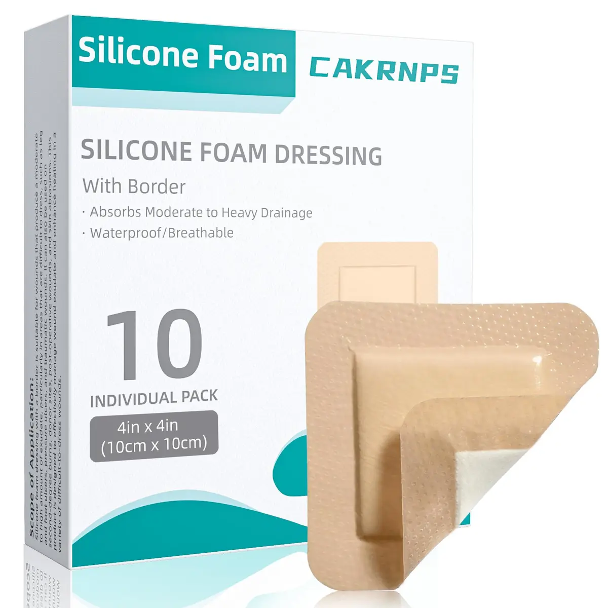 CAKRNPS Silicone Foam Dressing 4" x 4" | Waterproof, Absorbent, Self Adhesive for Wounds - main product image