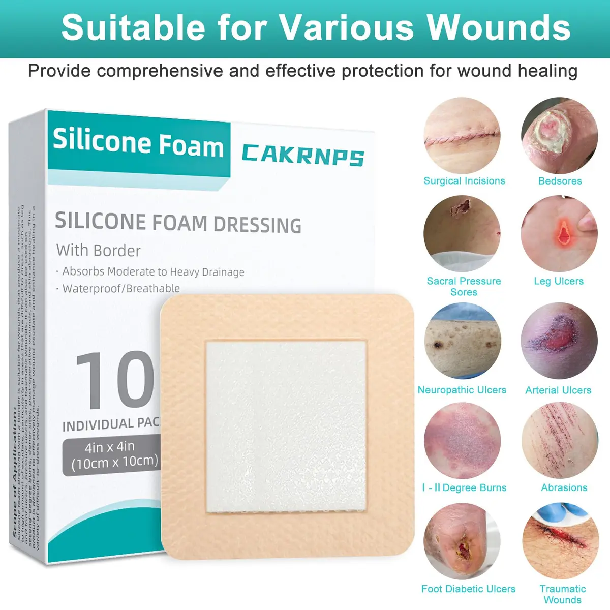 CAKRNPS Silicone Foam Dressing 4" x 4" | Waterproof, Absorbent, Self Adhesive for Wounds - view 7