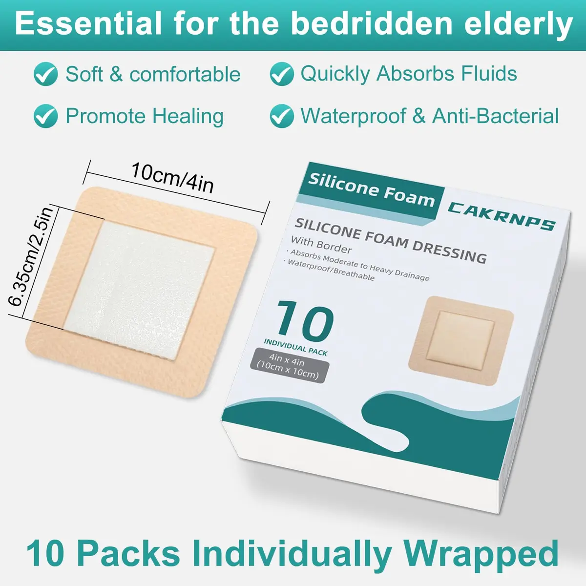 CAKRNPS Silicone Foam Dressing 4" x 4" | Waterproof, Absorbent, Self Adhesive for Wounds - view 2
