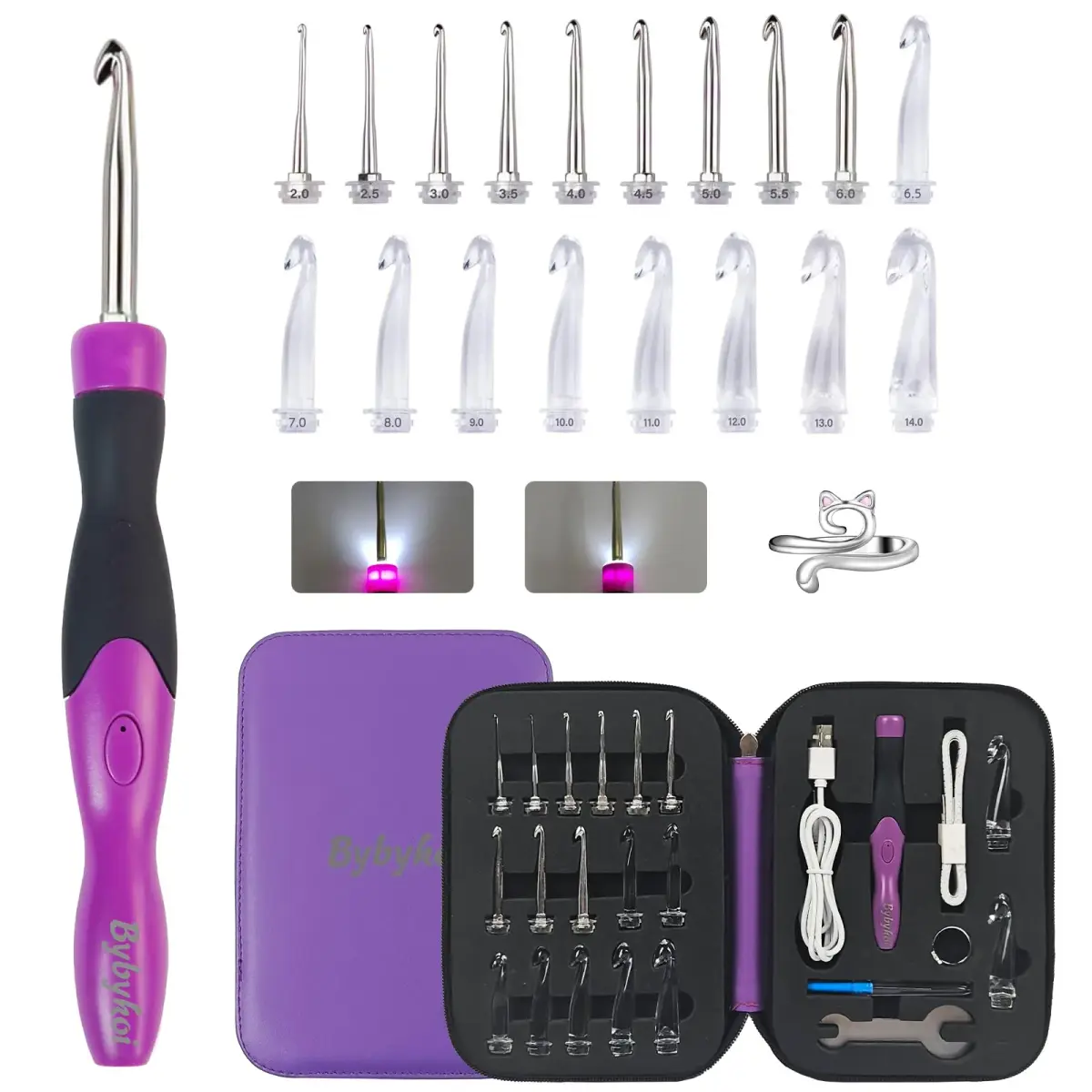 Bybykoi Lighted Crochet Hooks Set 2.0-14.0mm | 18 Sizes, Rechargeable, Ergonomic Handle - main product image