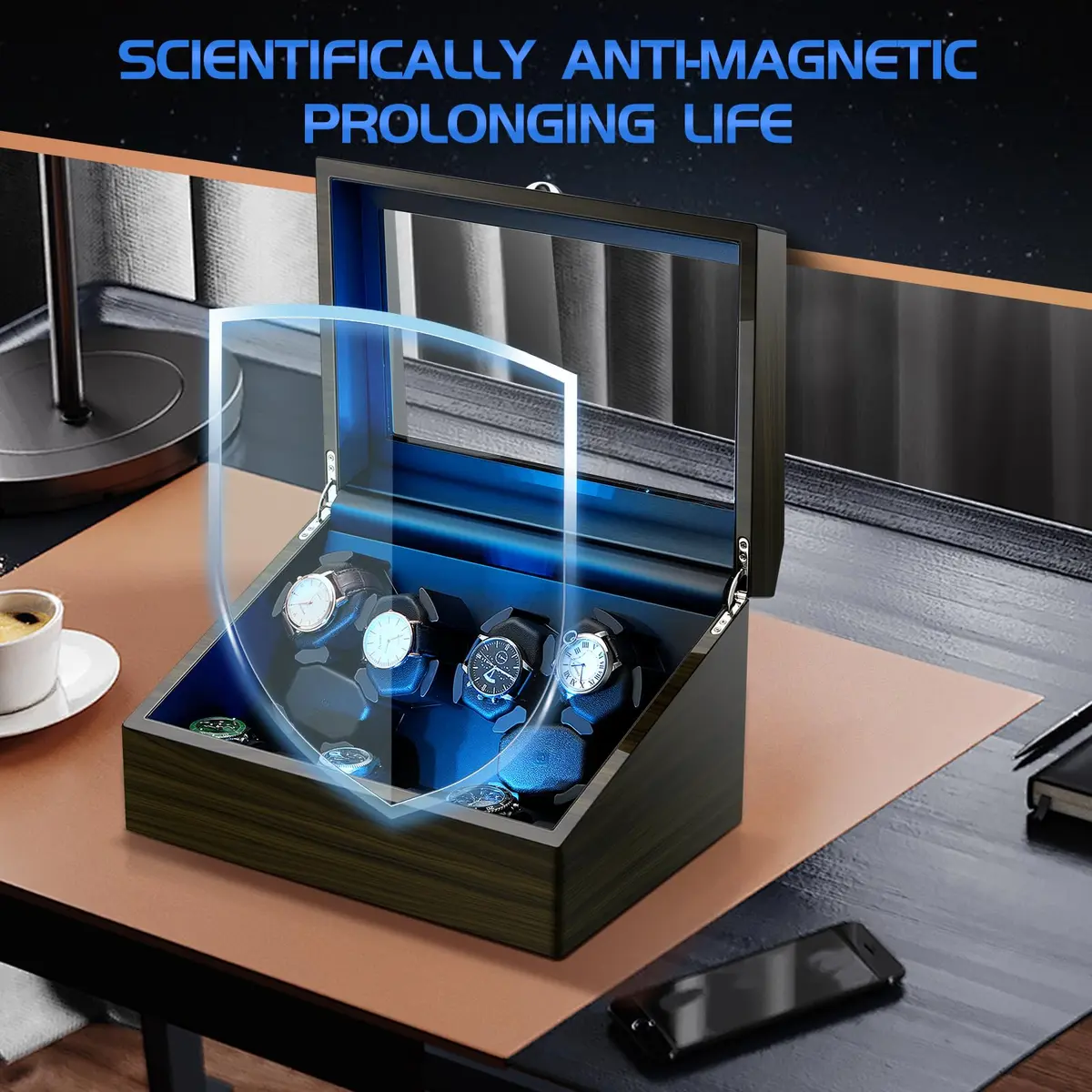 LALAHOO 6 Watch Winders with 6 Storage Spaces | Ultra Quiet Automatic Watch Winder for Automatic Watches with LED Light - view 3