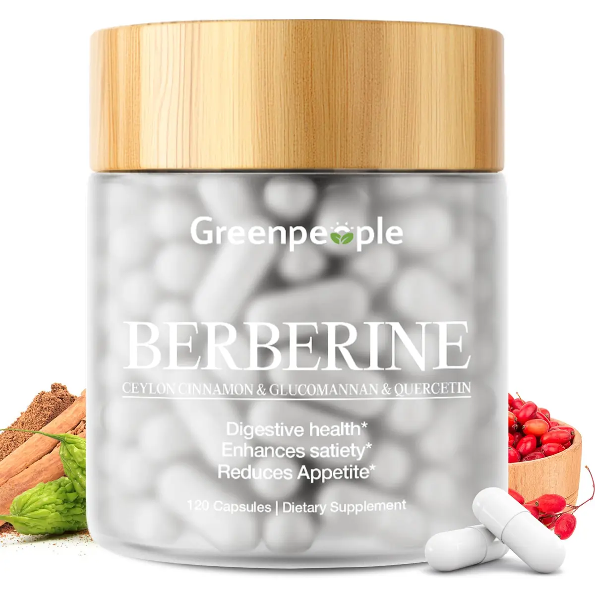 GREENPEOPLE Berberine 1500mg Supplement with Ceylon Cinnamon | Vegan 120 CT for Energy & Immunity - main product image