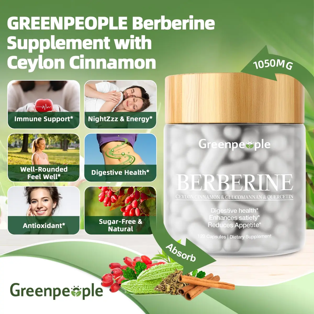 GREENPEOPLE Berberine 1500mg Supplement with Ceylon Cinnamon | Vegan 120 CT for Energy & Immunity - view 3