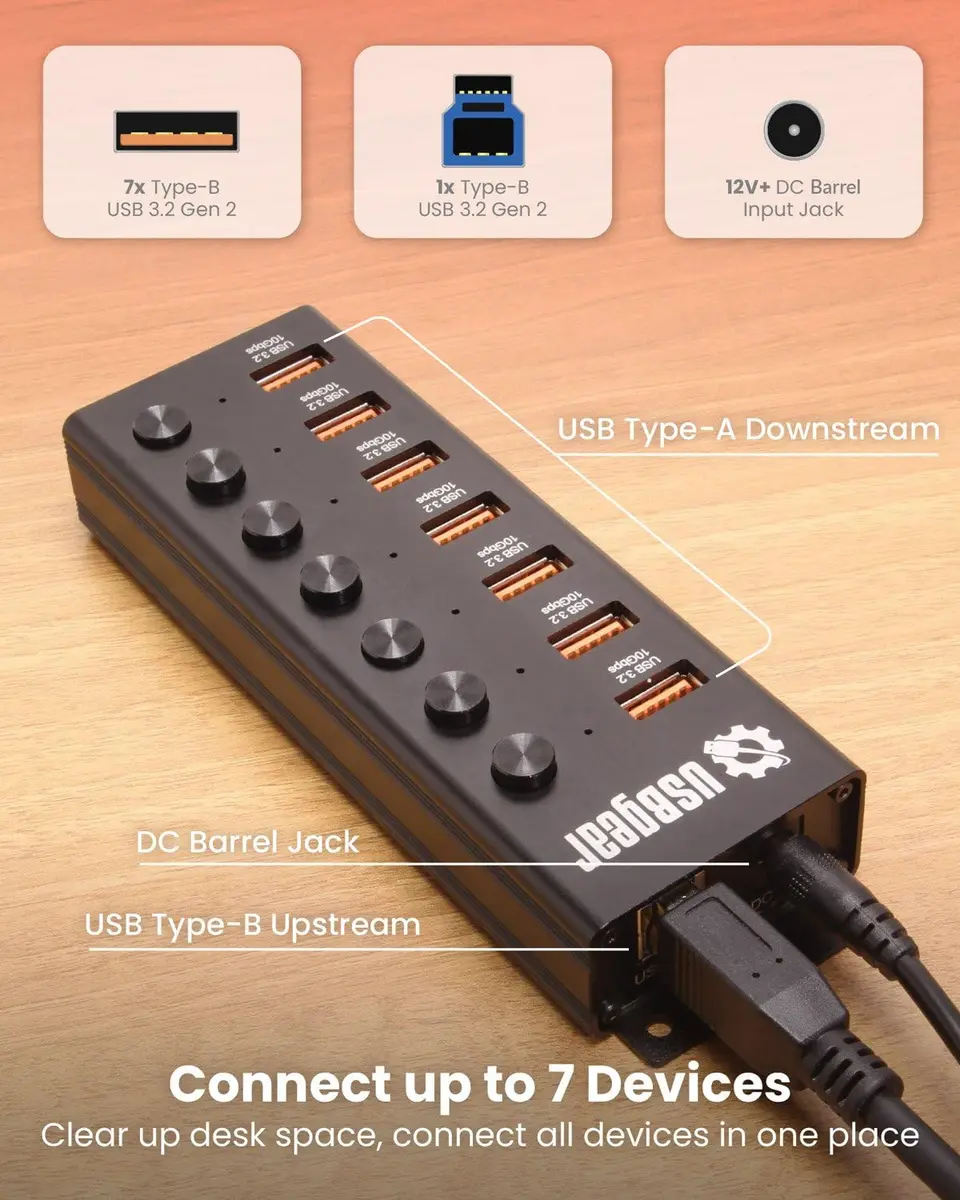 USBGear 7 Port USB 3.2 Hub – 10Gbps 48W Charging Hub with Individual On/Off USB Ports for Laptop, PC, Desktop, 12V/4A Power Adapter (3ft), Computer Accessories - view 5