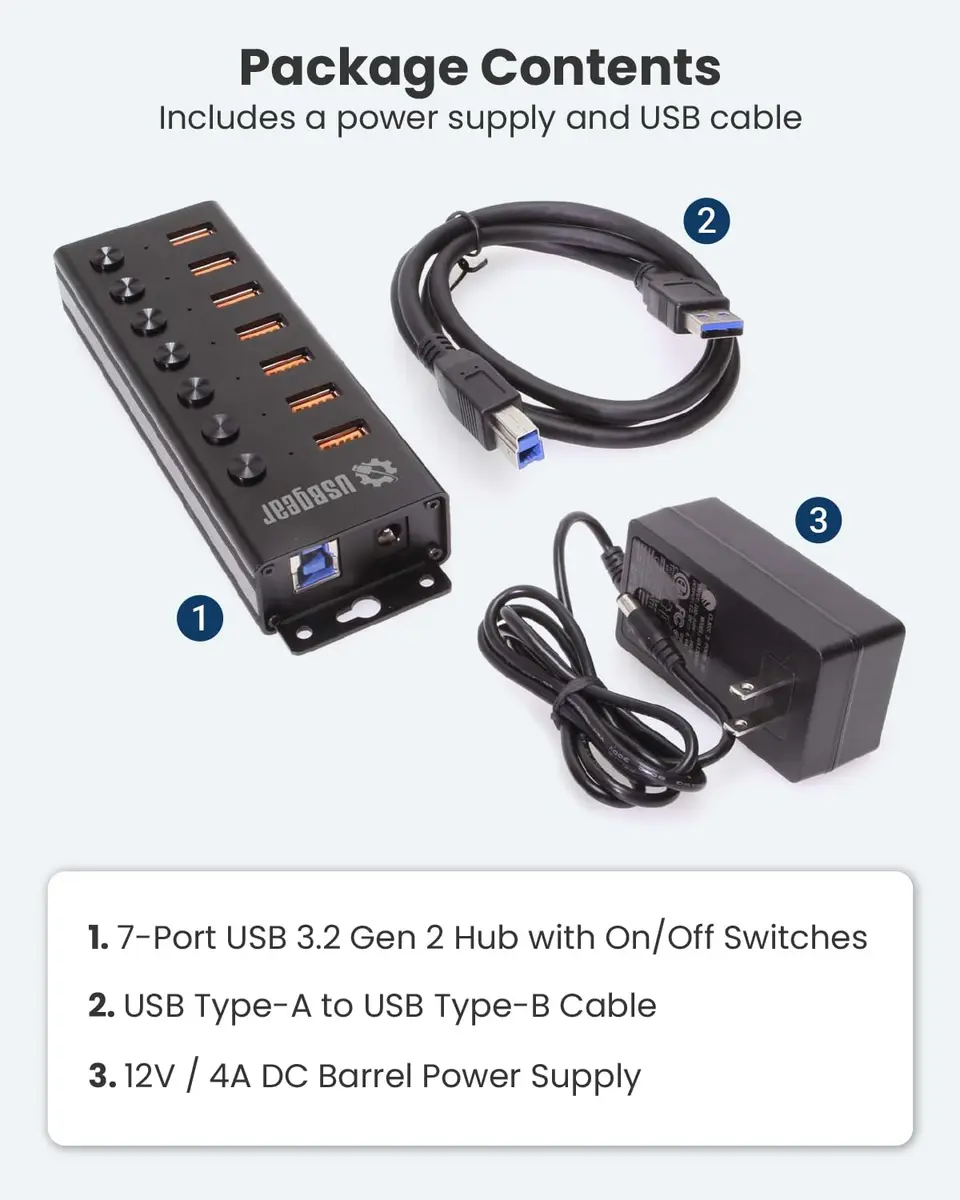 USBGear 7 Port USB 3.2 Hub – 10Gbps 48W Charging Hub with Individual On/Off USB Ports for Laptop, PC, Desktop, 12V/4A Power Adapter (3ft), Computer Accessories - view 6