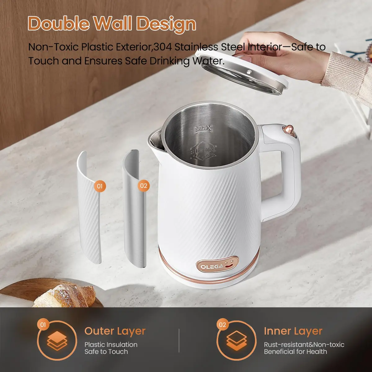 OLEGA Electric Kettle 1.8L | 1500W Stainless Steel Water Boiling Kettle with Auto Shut-Off - view 5