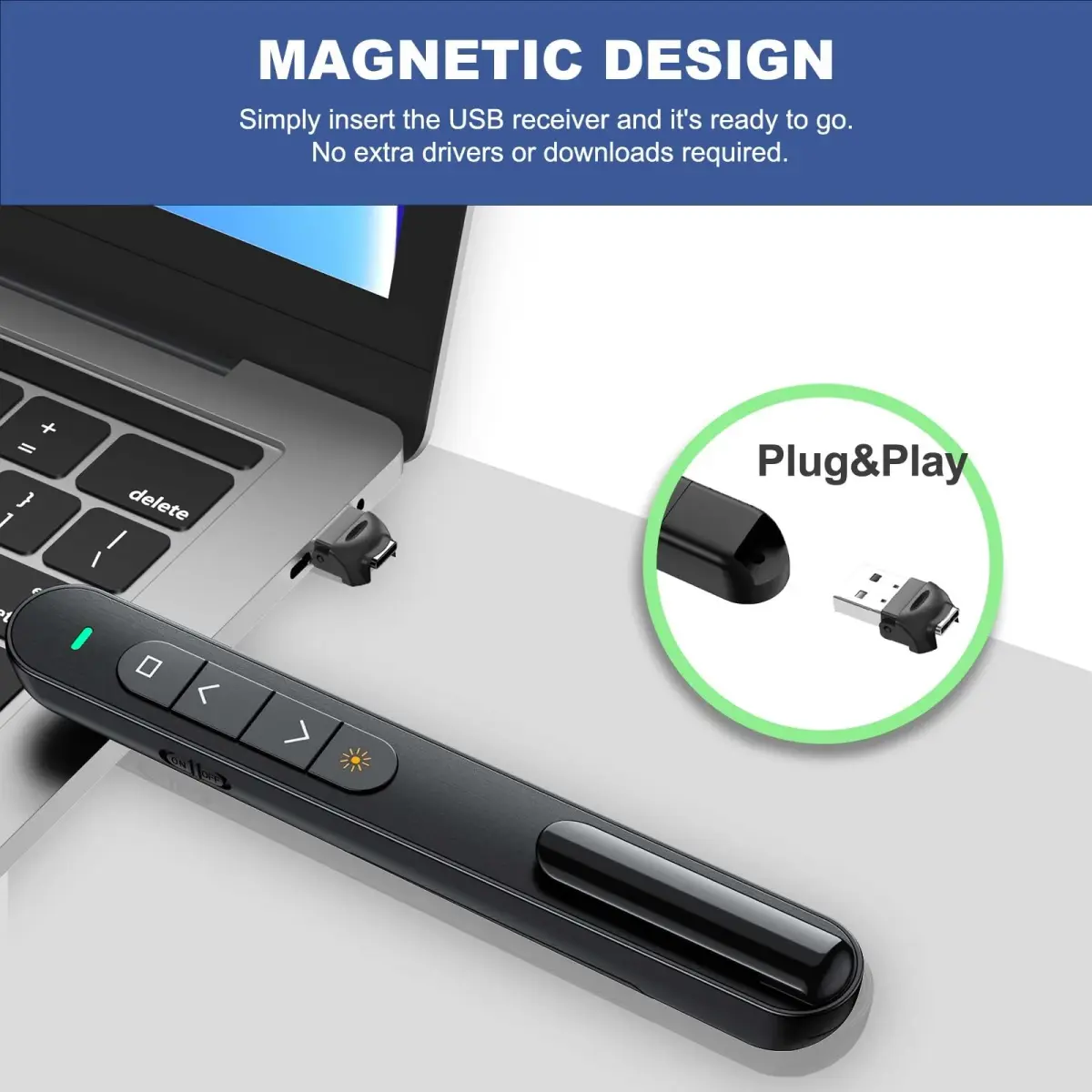 QUI Presentation Clicker with Volume Control, Wireless Presenter Remote | Plug & Play 2.4GHz USB Slide Advancer Compatible with Mac/Windows, Keynote, Google Slides - view 5