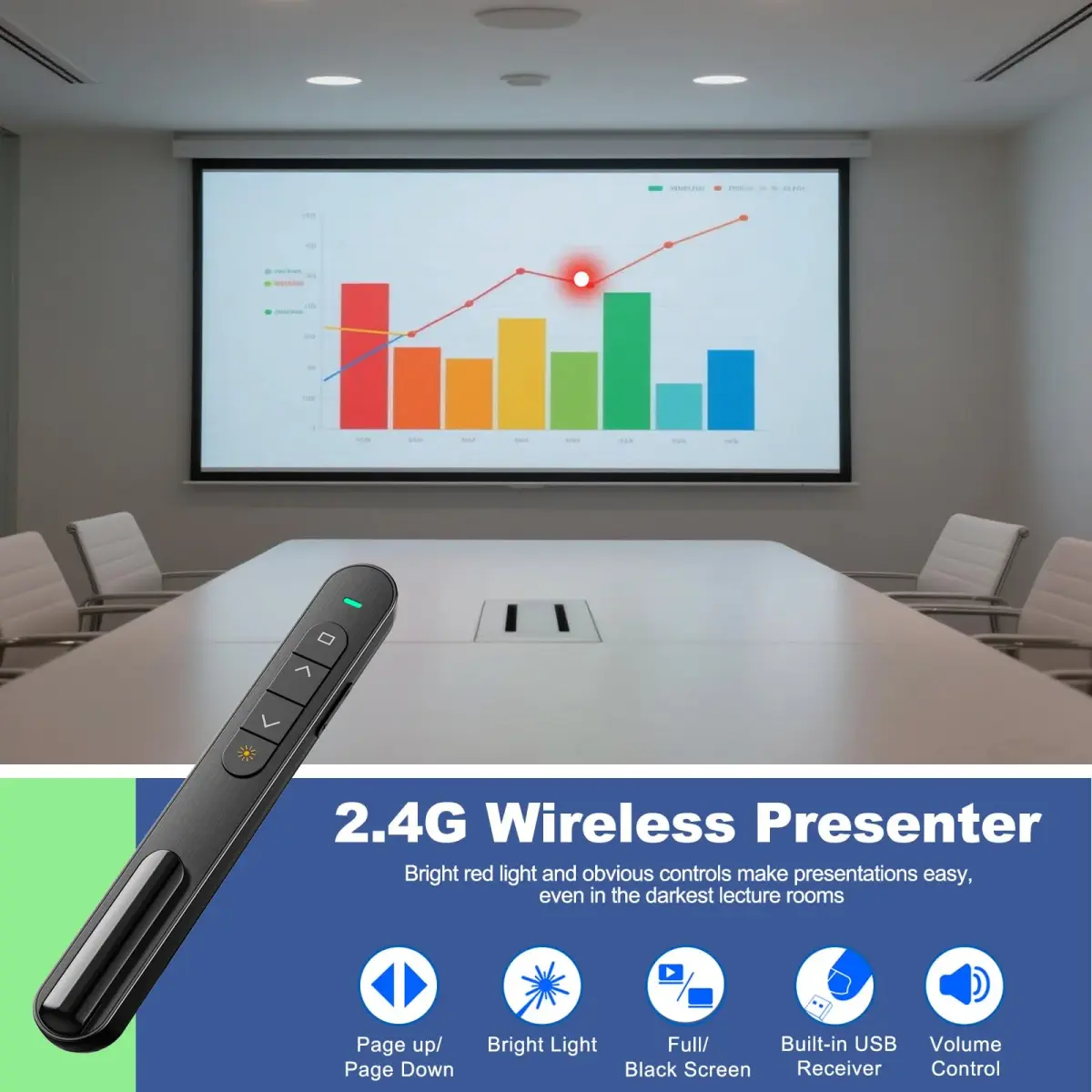 QUI Presentation Clicker with Volume Control, Wireless Presenter Remote | Plug & Play 2.4GHz USB Slide Advancer Compatible with Mac/Windows, Keynote, Google Slides - view 2