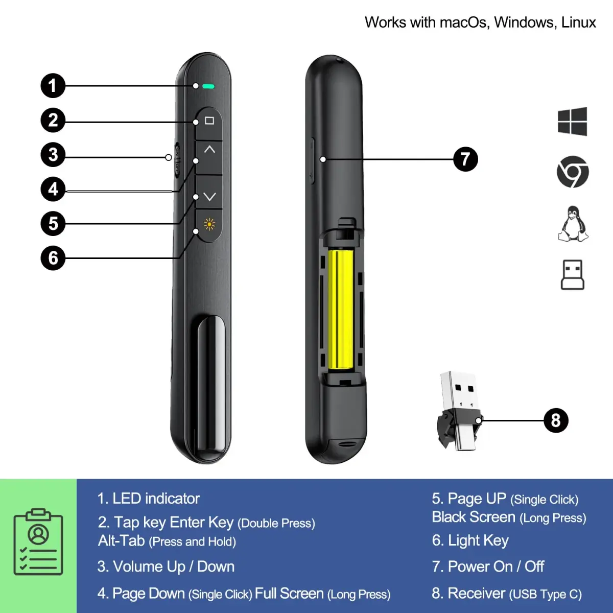 QUI Presentation Clicker with Volume Control, Wireless Presenter Remote | Plug & Play 2.4GHz USB Slide Advancer Compatible with Mac/Windows, Keynote, Google Slides - view 4