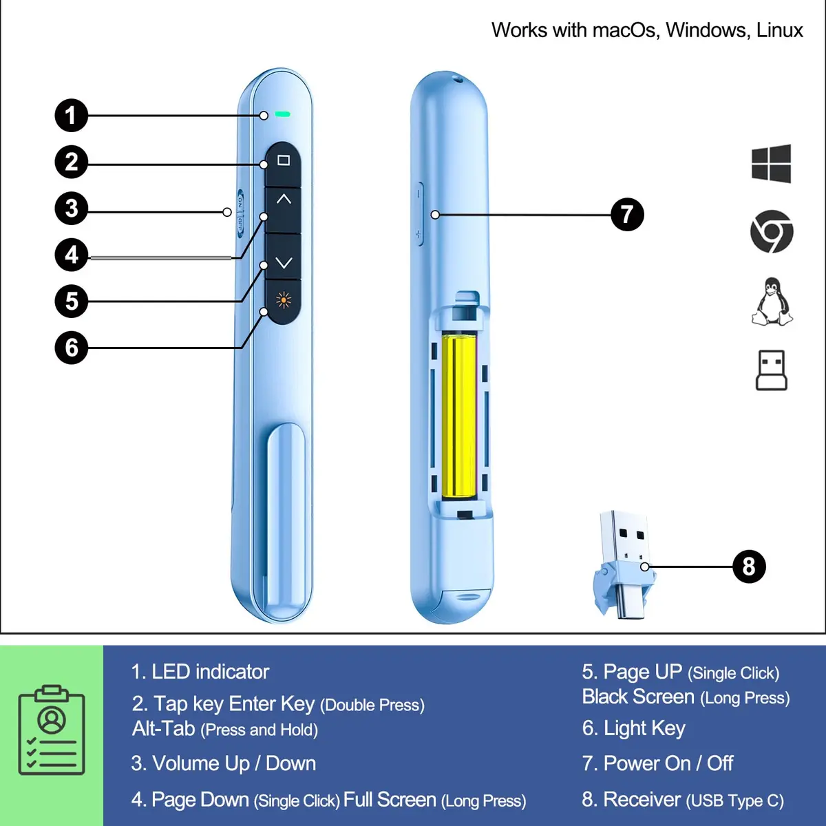 QUI Presentation Clicker with Volume Control, Wireless Presenter Remote, Blue | 328ft Wireless Range - view 4