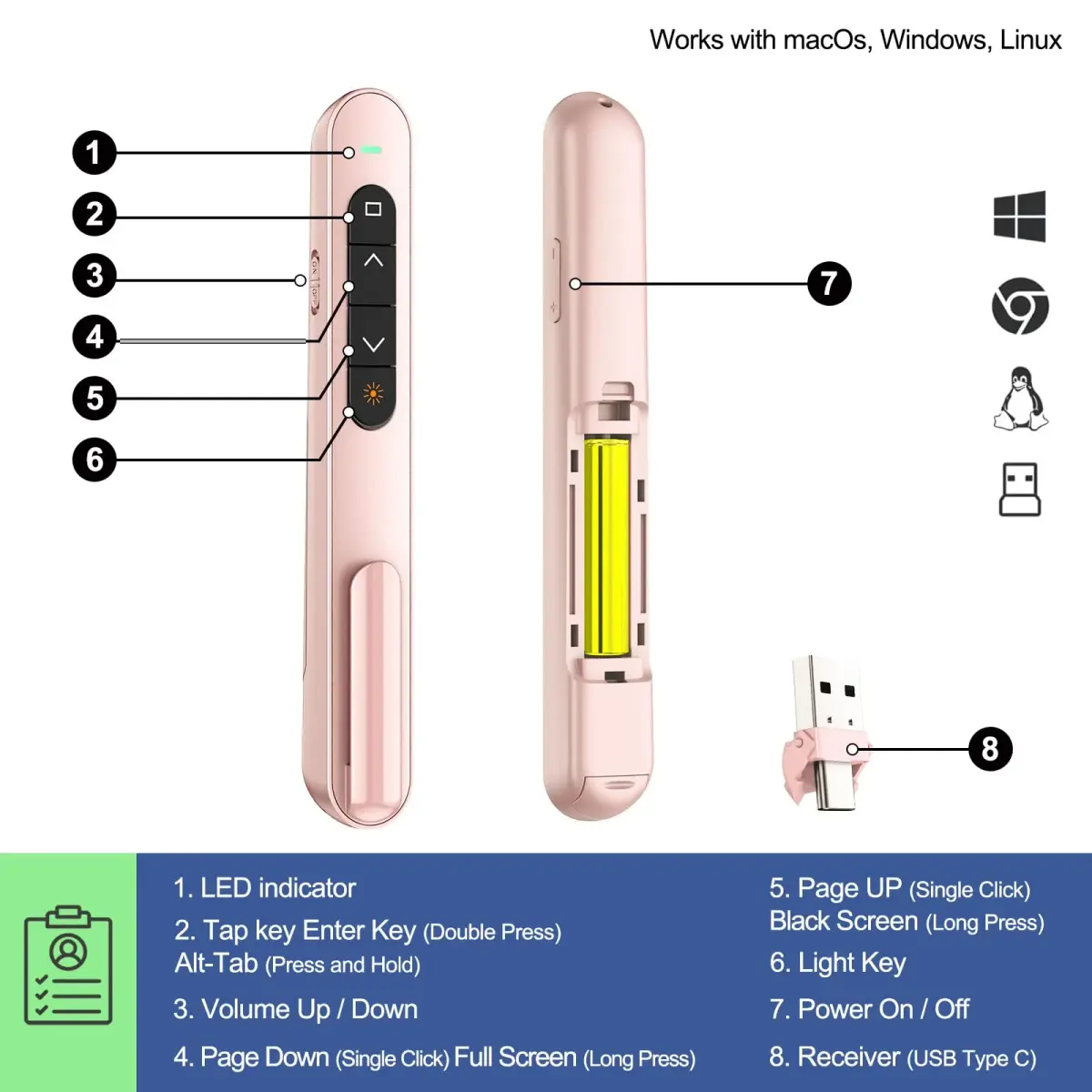 QUI Presentation Clicker with Volume Control, Wireless Presenter Remote, Pink | 328ft Wireless Range - view 4