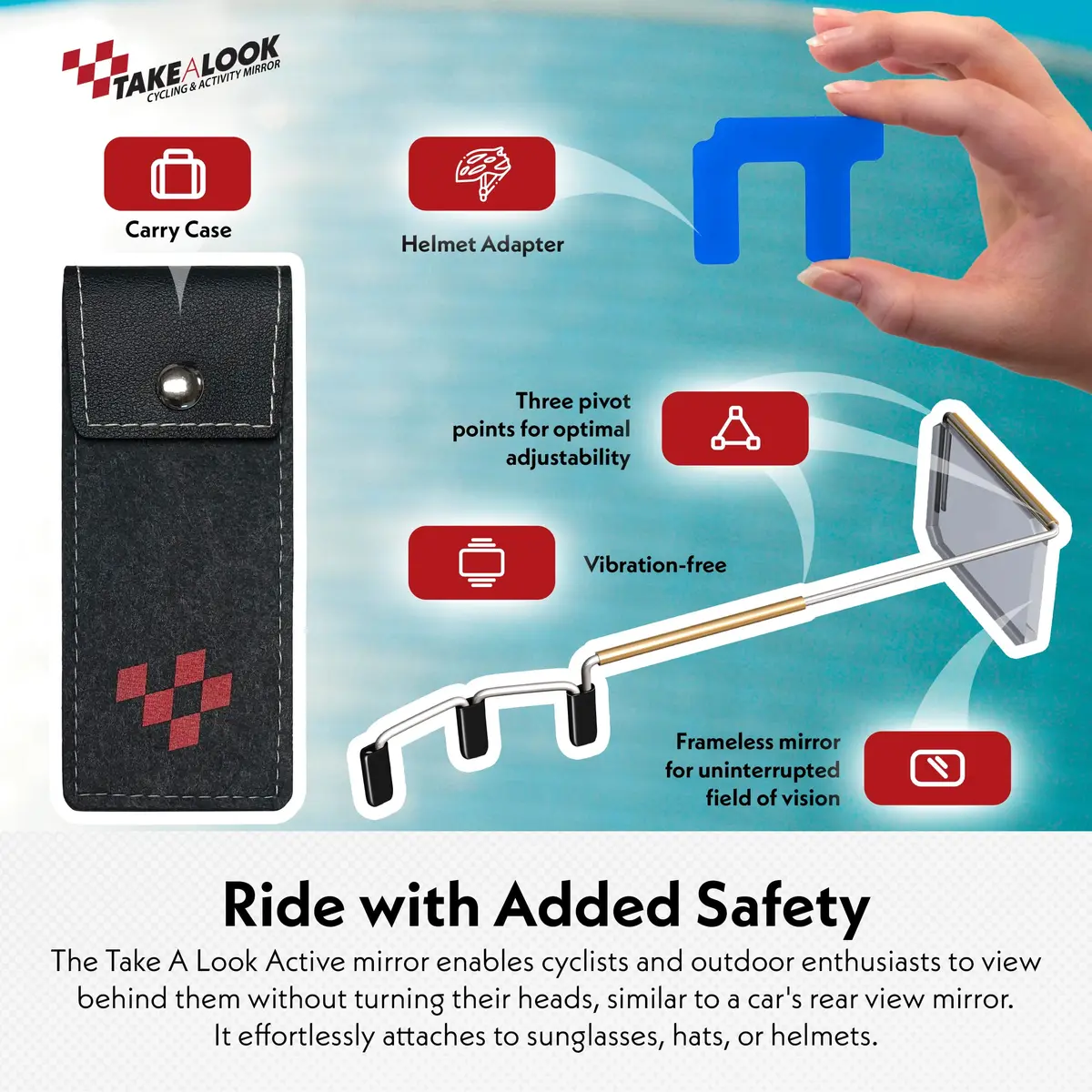 Take A Look Cycling Mirror with Helmet Adapter & Carry Case | Always On, Shatter-Resistant Polycarbonate Lens (Left-Side) - view 2
