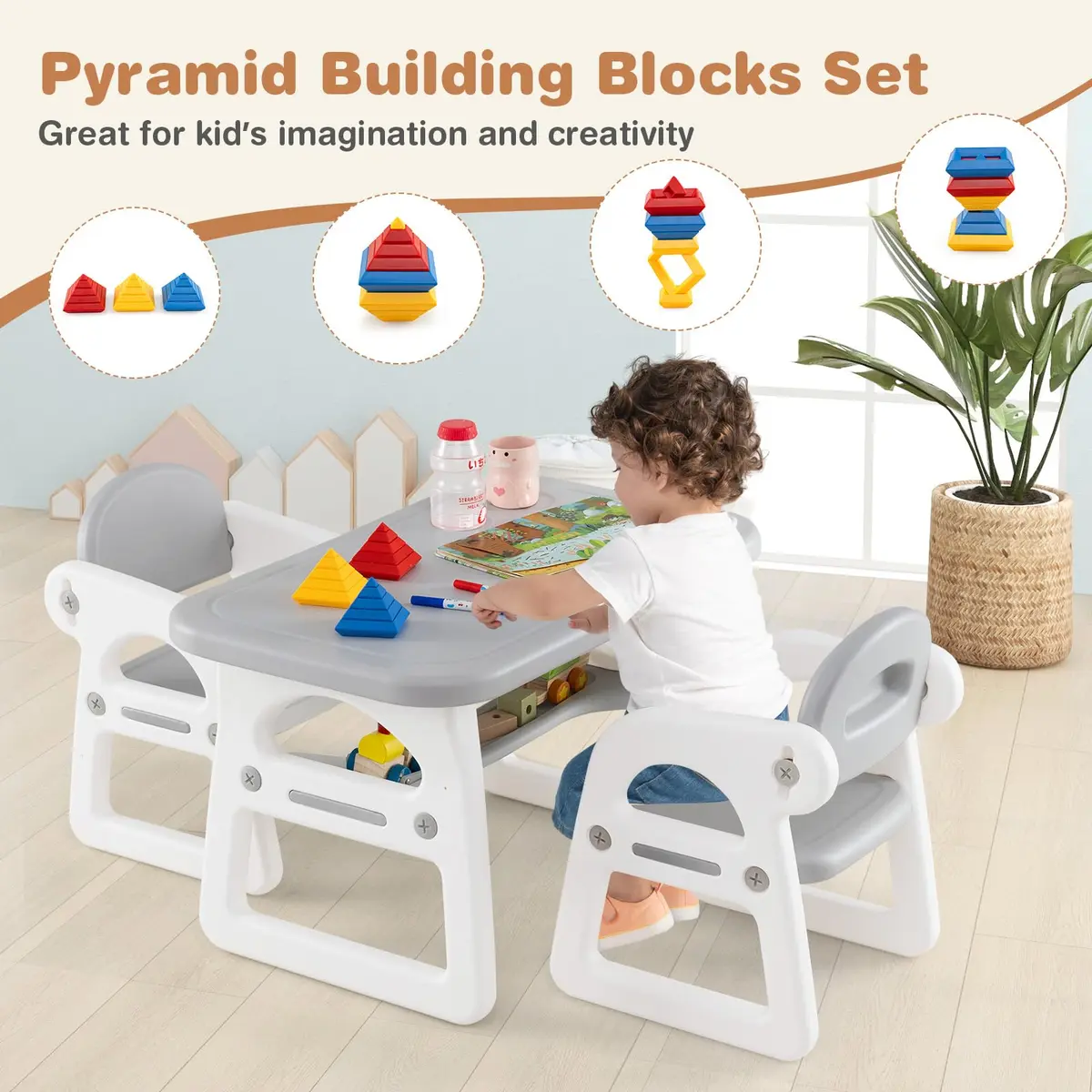 HONEY JOY Kids Table and Chair Set, Plastic Children Activity Table & 2 Chairs, 31x19 inches, for Ages 1-5, Gray | Art & Craft - view 6