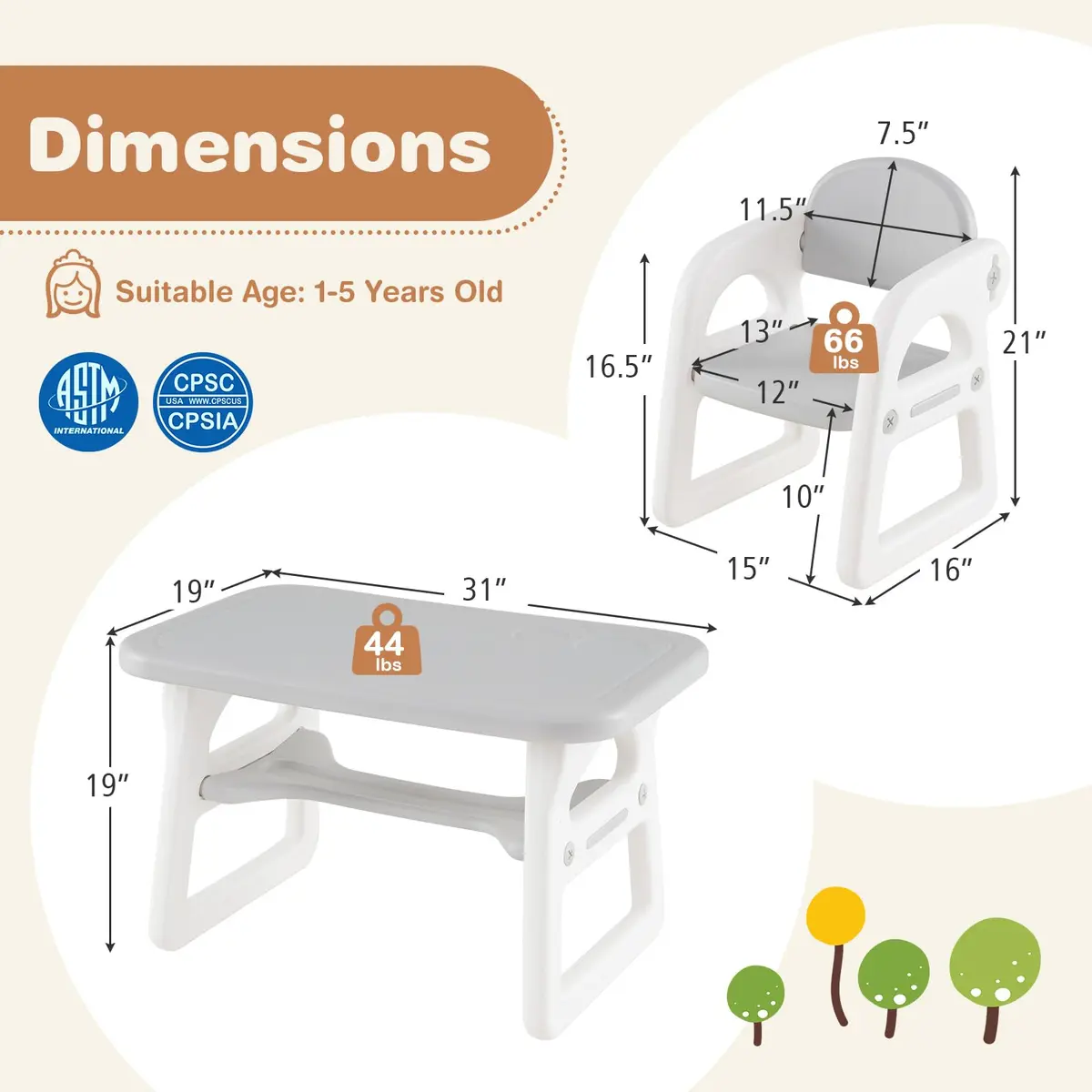 HONEY JOY Kids Table and Chair Set, Plastic Children Activity Table & 2 Chairs, 31x19 inches, for Ages 1-5, Gray | Art & Craft - view 8
