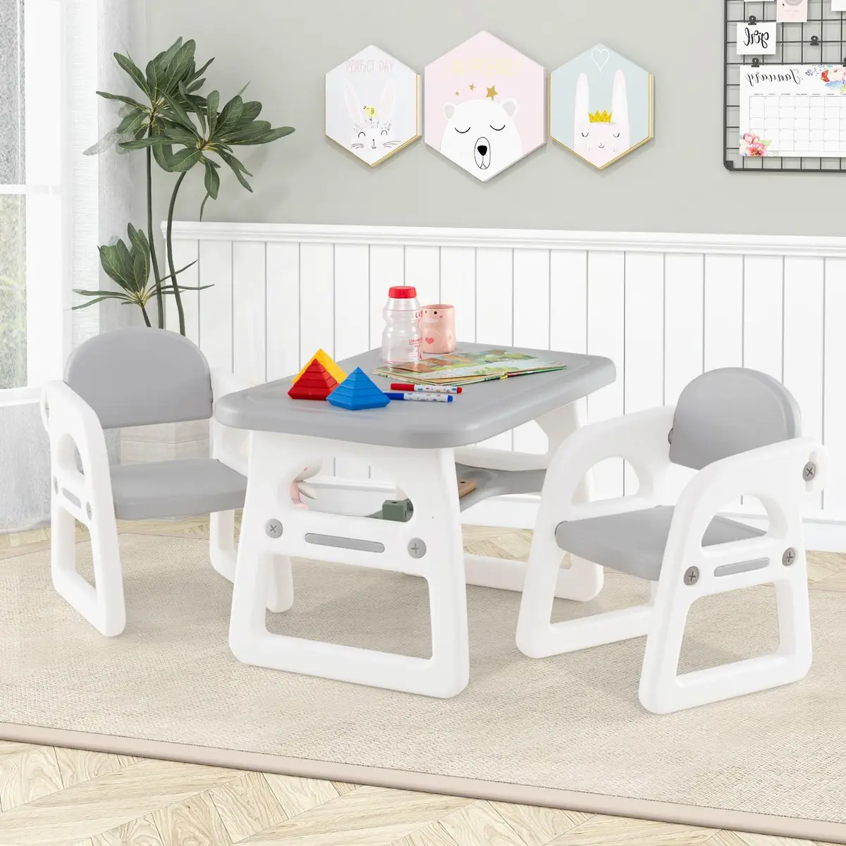 HONEY JOY Kids Table and Chair Set, Plastic Children Activity Table & 2 Chairs, 31x19 inches, for Ages 1-5, Gray | Art & Craft - view 9