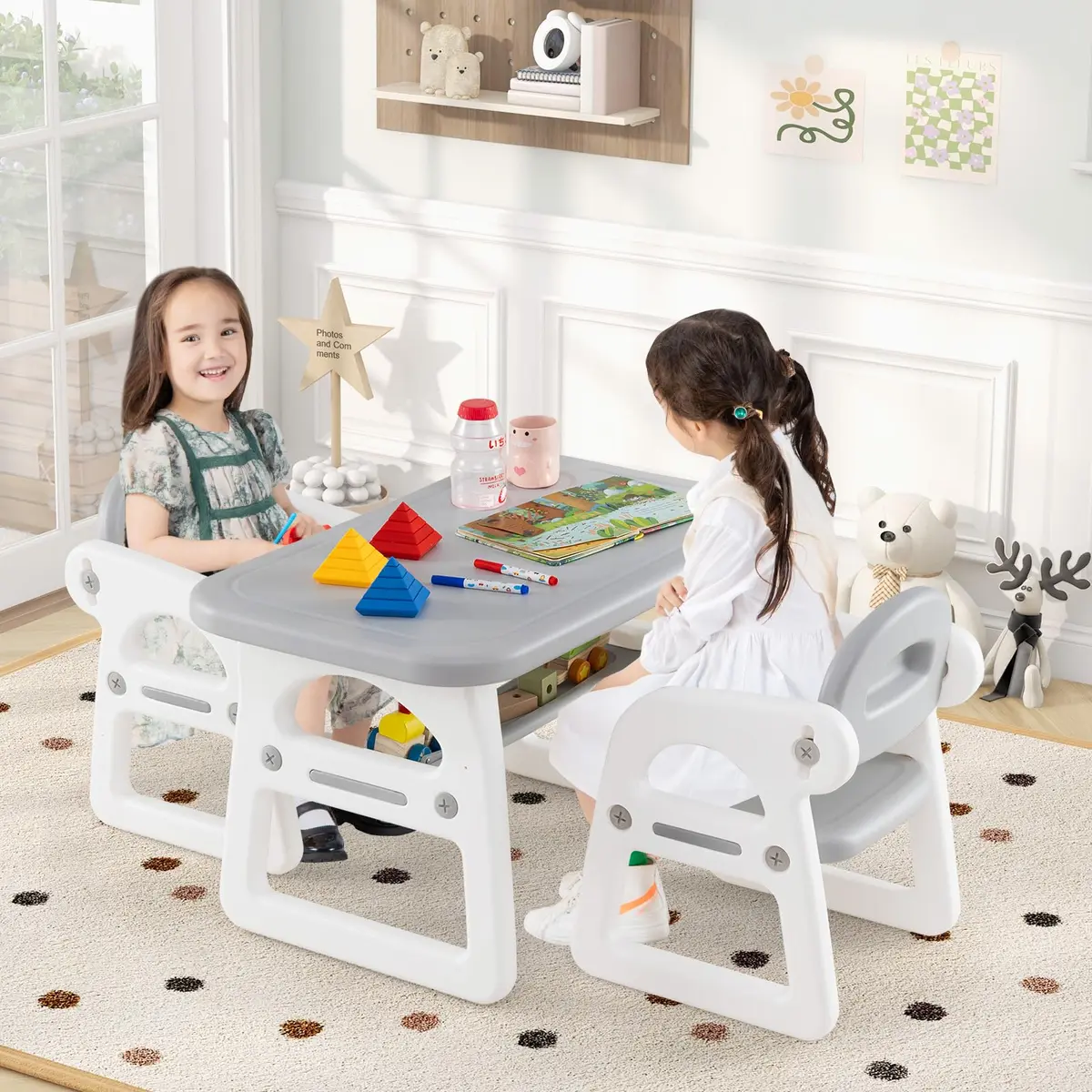 HONEY JOY Kids Table and Chair Set, Plastic Children Activity Table & 2 Chairs, 31x19 inches, for Ages 1-5, Gray | Art & Craft - view 2