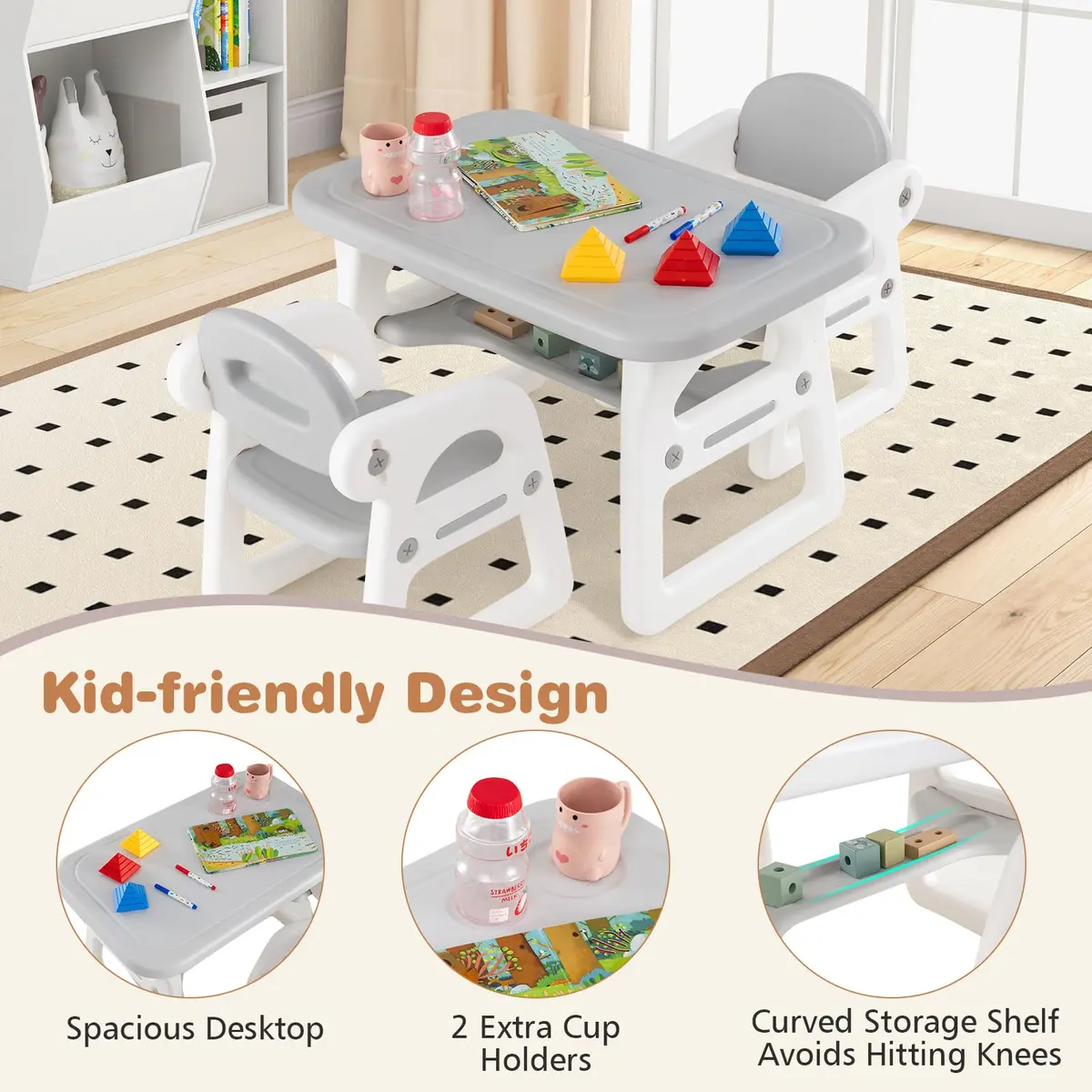 HONEY JOY Kids Table and Chair Set, Plastic Children Activity Table & 2 Chairs, 31x19 inches, for Ages 1-5, Gray | Art & Craft - view 4