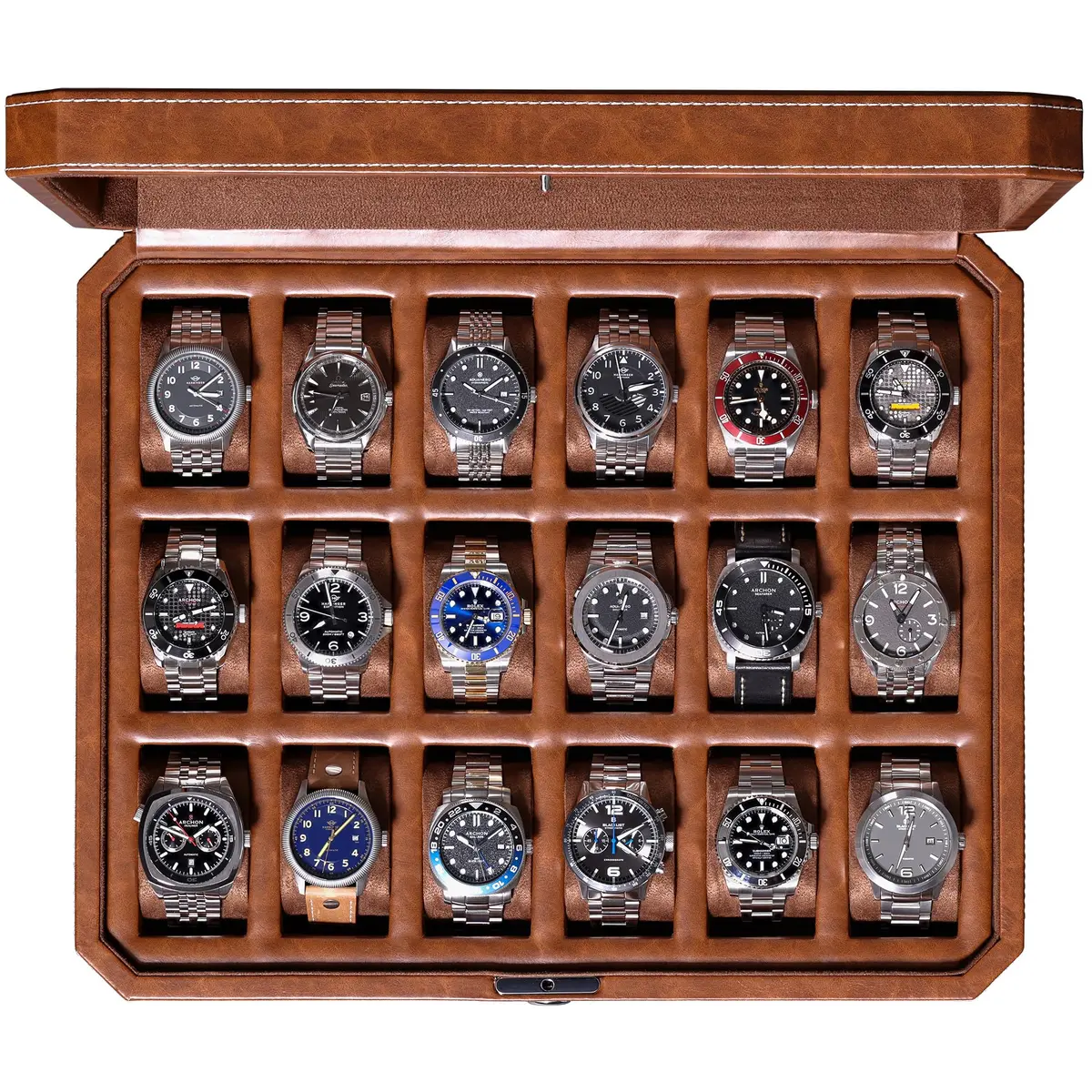 ROTHWELL 18-Slot Watch Case – Luxury Watch Box for Men, Real Glass Top, Lockable, Elegant Display for Collections (Tan/Brown) - main product image
