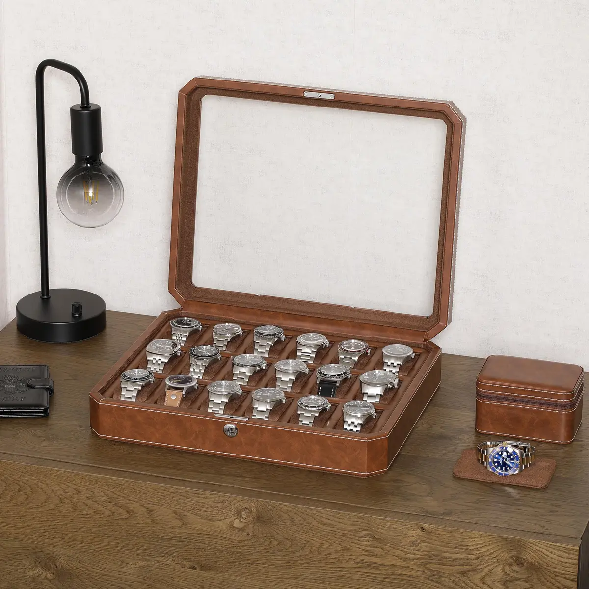 ROTHWELL 18-Slot Watch Case – Luxury Watch Box for Men, Real Glass Top, Lockable, Elegant Display for Collections (Tan/Brown) - view 2