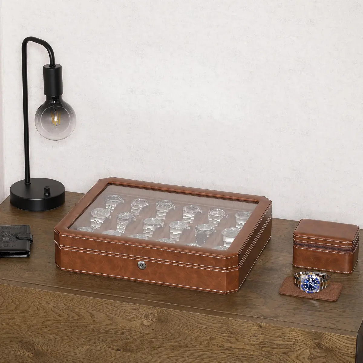 ROTHWELL 18-Slot Watch Case – Luxury Watch Box for Men, Real Glass Top, Lockable, Elegant Display for Collections (Tan/Brown) - view 3