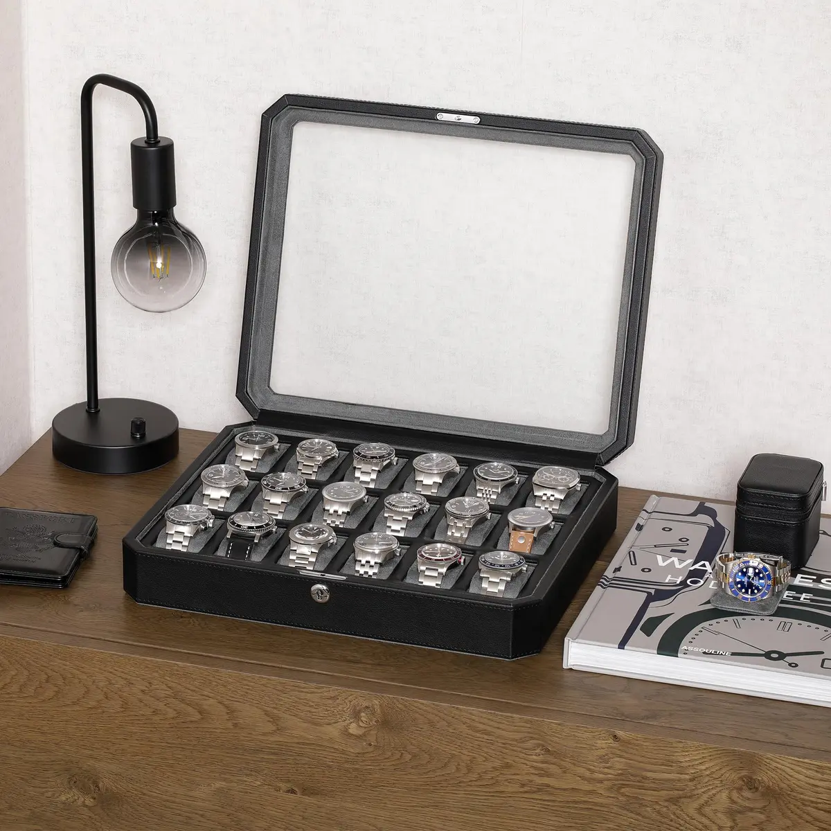 ROTHWELL 18-Slot Watch Box with Real Glass Lid & Lock | 41cm x 33cm x 9cm - view 2