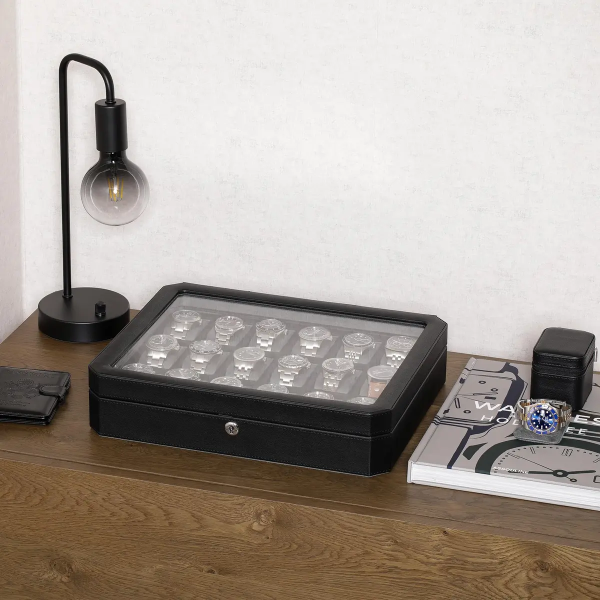 ROTHWELL 18-Slot Watch Box with Real Glass Lid & Lock | 41cm x 33cm x 9cm - view 3