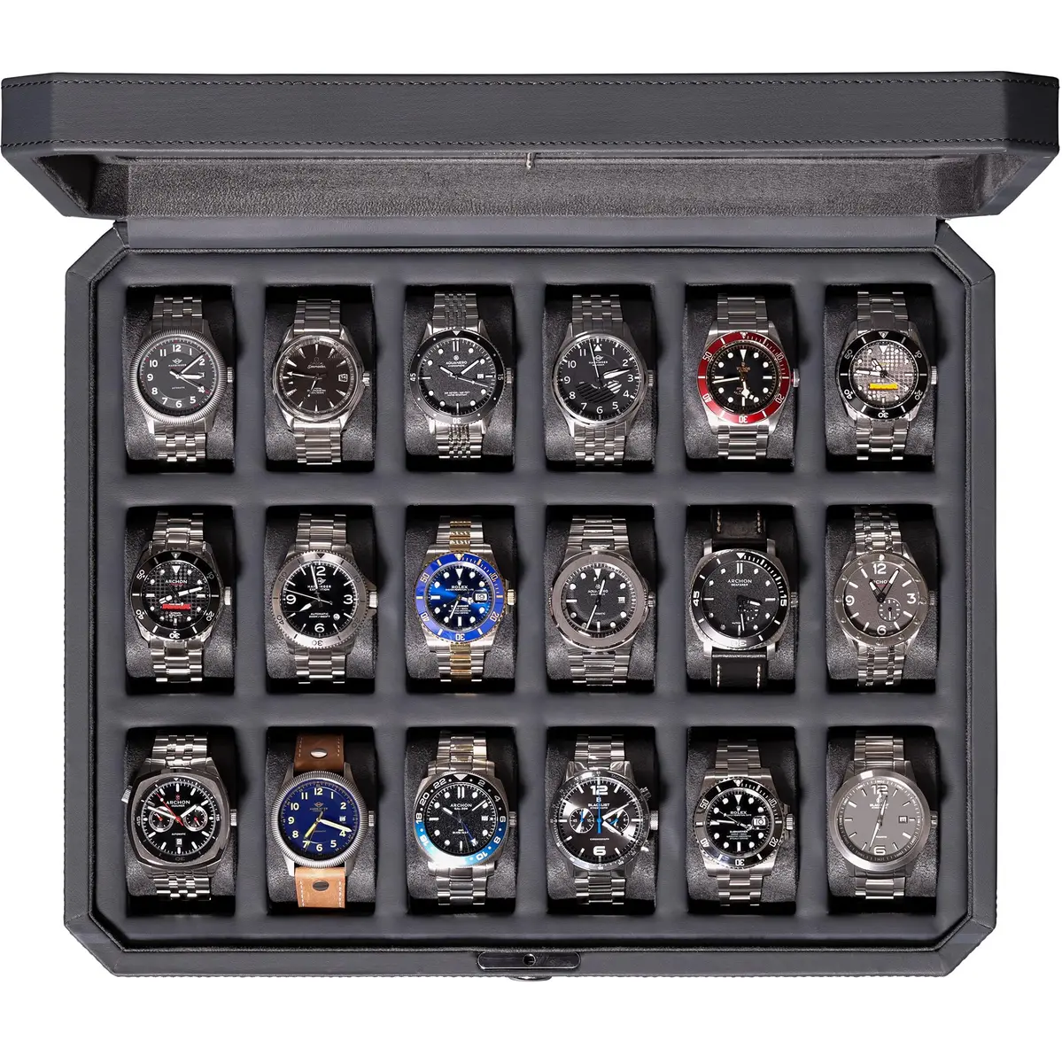 ROTHWELL 18-Slot Watch Case – Luxury Watch Box for Men, Real Glass Top, Lockable, Elegant Display for Collections (Carbon) | 40.6cm x 33cm x 8.9cm - main product image