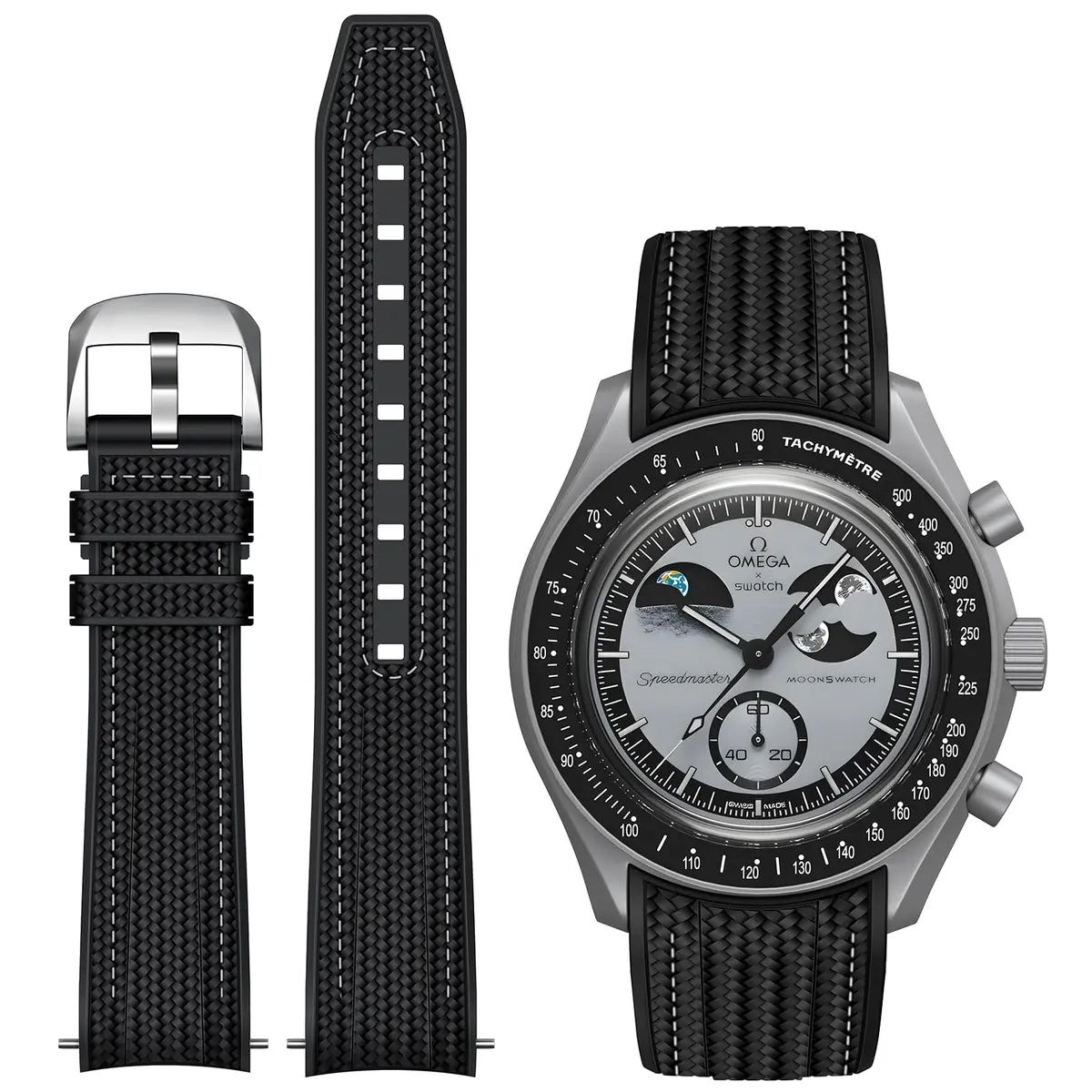 REBANDACE Silicone Watch Strap for Omega x Swatch Moonswatch 20mm | Curved End, Black with White Line - main product image