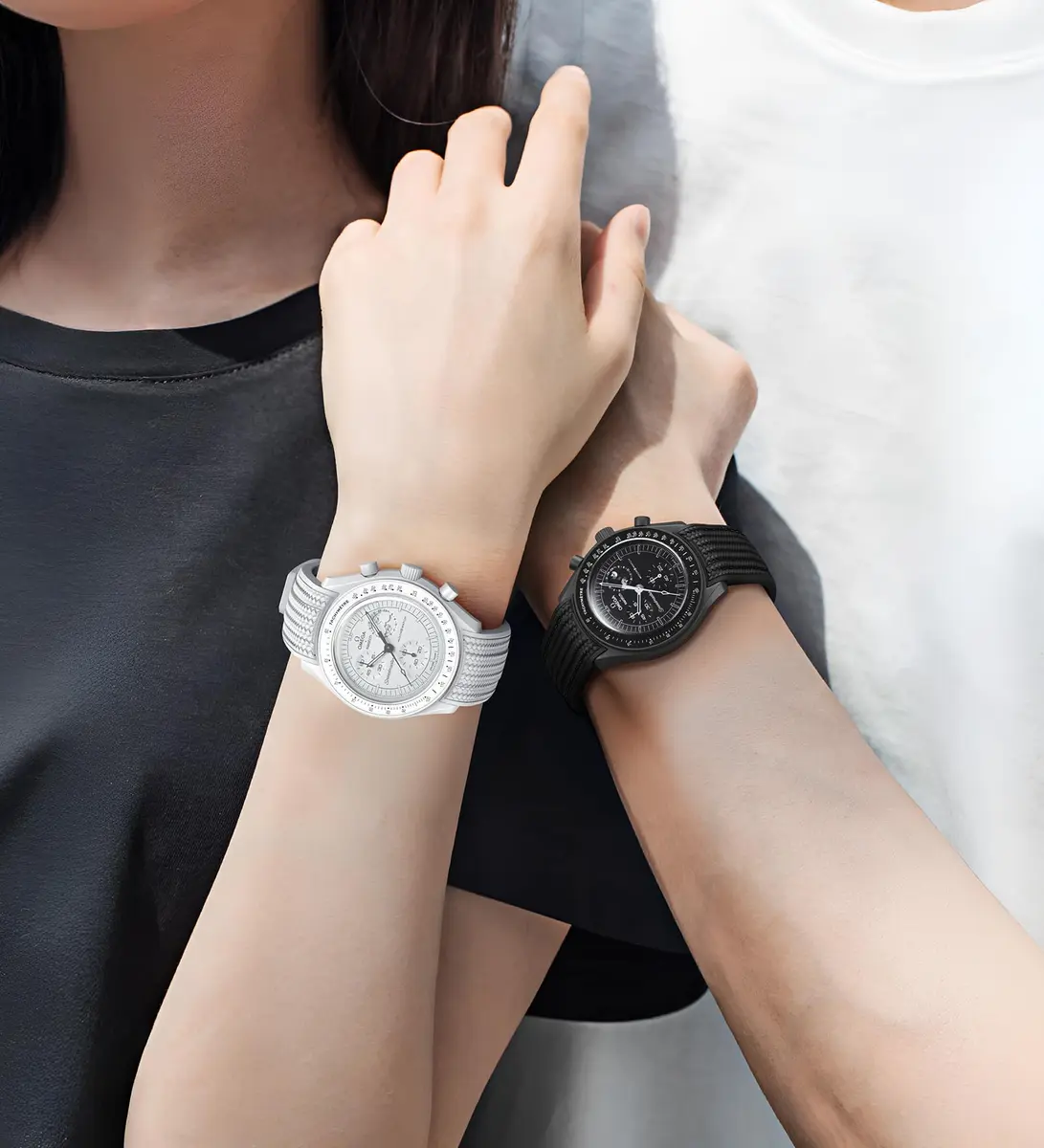 REBANDACE Silicone Watch Strap for Omega x Swatch Moonswatch 20mm | Curved End, Black with White Line - view 2