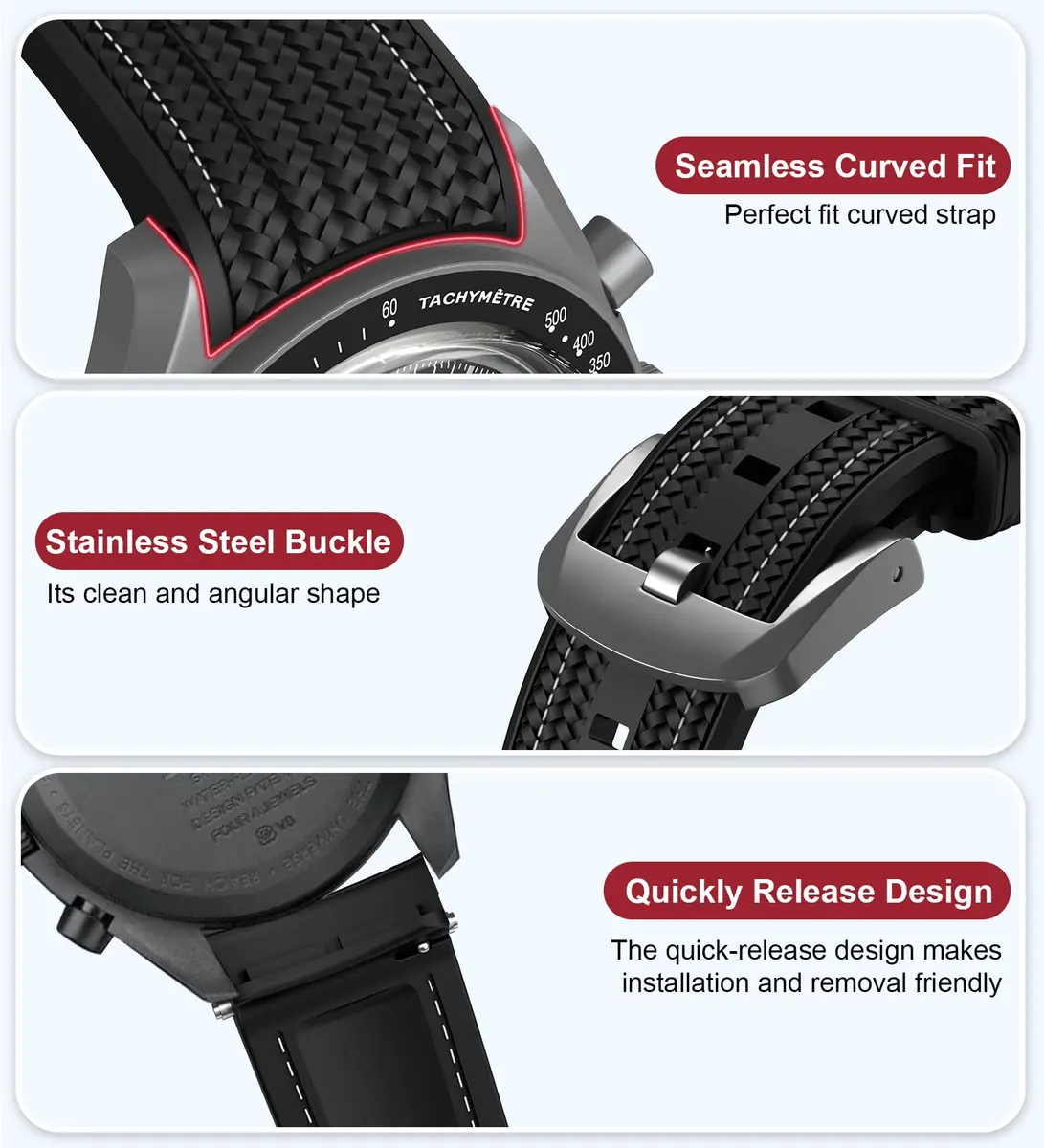 REBANDACE Silicone Watch Strap for Omega x Swatch Moonswatch 20mm | Curved End, Black with White Line - view 3