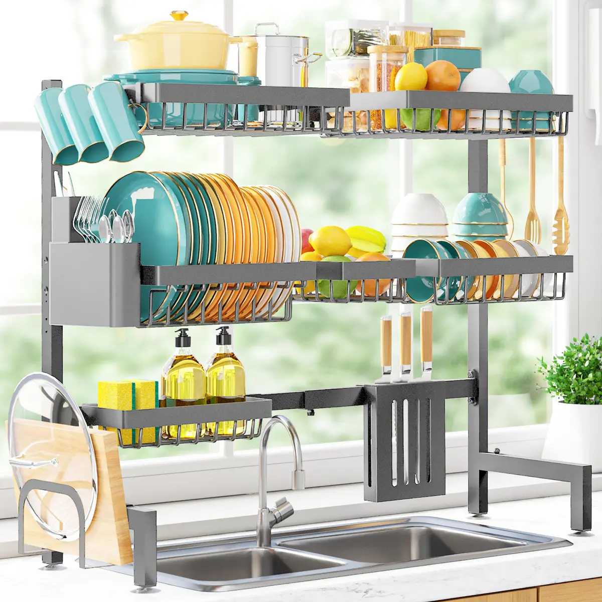 Sakugi Over The Sink Dish Drying Rack - Adjustable 3 Tier XX-Large Capacity Stainless Steel Drainer with Cutlery & Utensil Holders, Kitchen Storage & Organization, 31.5"-39.5"L x 12"W x 30.5"H, Gray - main product image