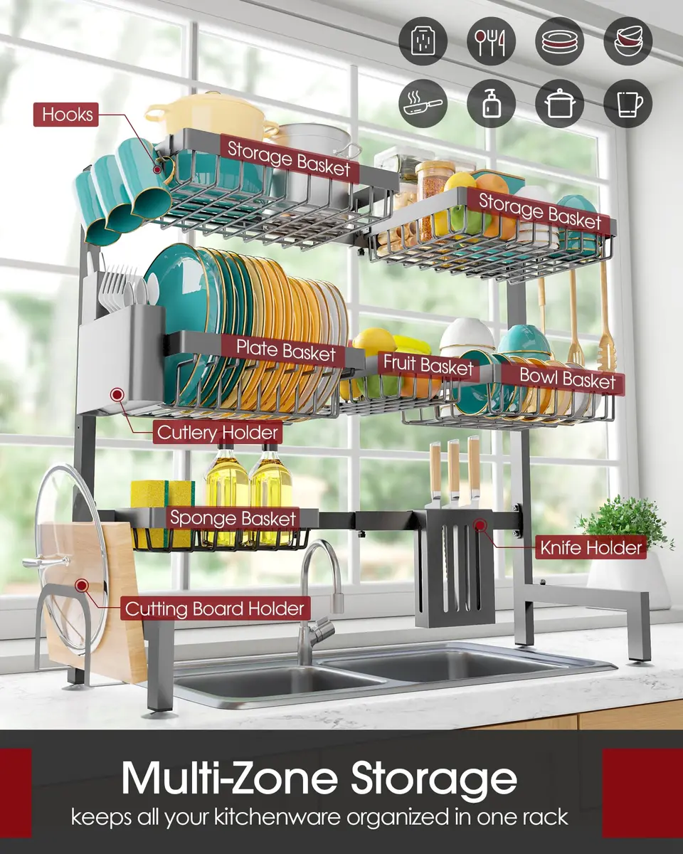 Sakugi Over The Sink Dish Drying Rack - Adjustable 3 Tier XX-Large Capacity Stainless Steel Drainer with Cutlery & Utensil Holders, Kitchen Storage & Organization, 31.5"-39.5"L x 12"W x 30.5"H, Gray - view 2