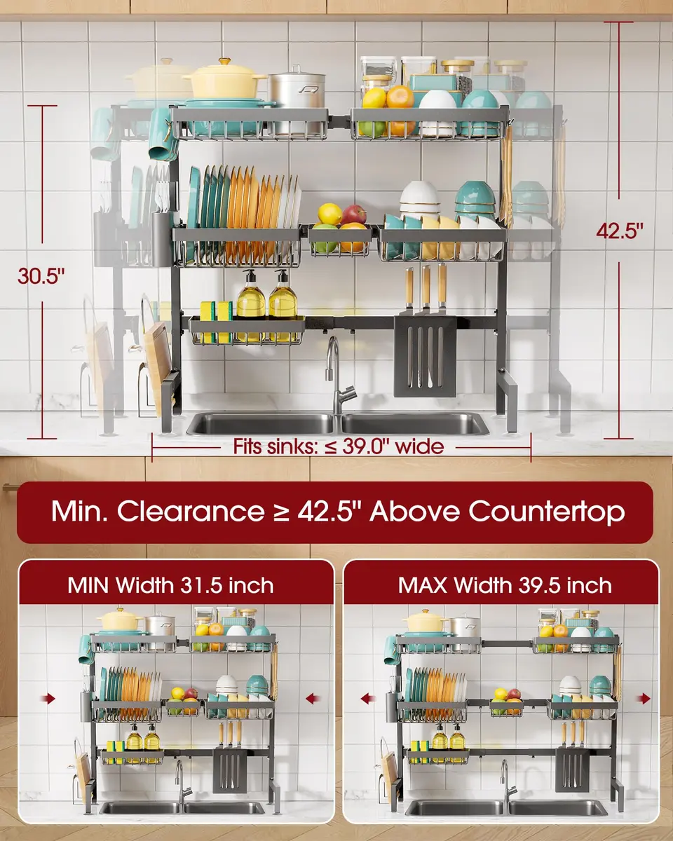 Sakugi Over The Sink Dish Drying Rack - Adjustable 3 Tier XX-Large Capacity Stainless Steel Drainer with Cutlery & Utensil Holders, Kitchen Storage & Organization, 31.5"-39.5"L x 12"W x 30.5"H, Gray - view 3