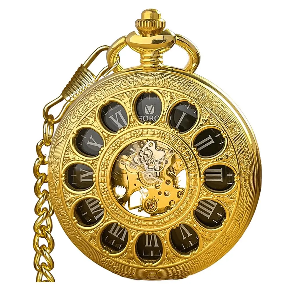 VIGOROSO Mechanical Pocket Watch for Men Gold | Vintage Roman Numerals & Floral Engraved Cover - main product image