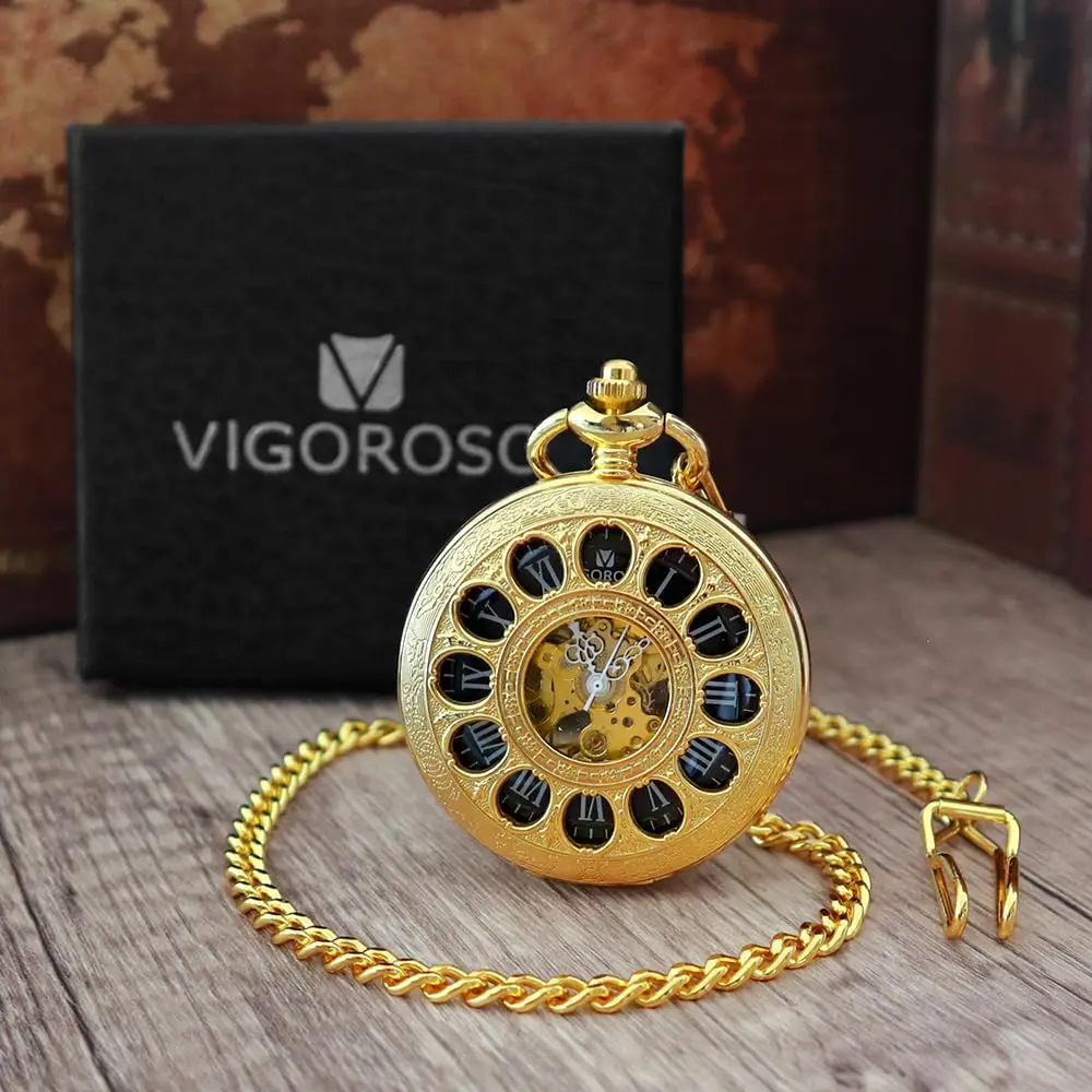 VIGOROSO Mechanical Pocket Watch for Men Gold | Vintage Roman Numerals & Floral Engraved Cover - view 5