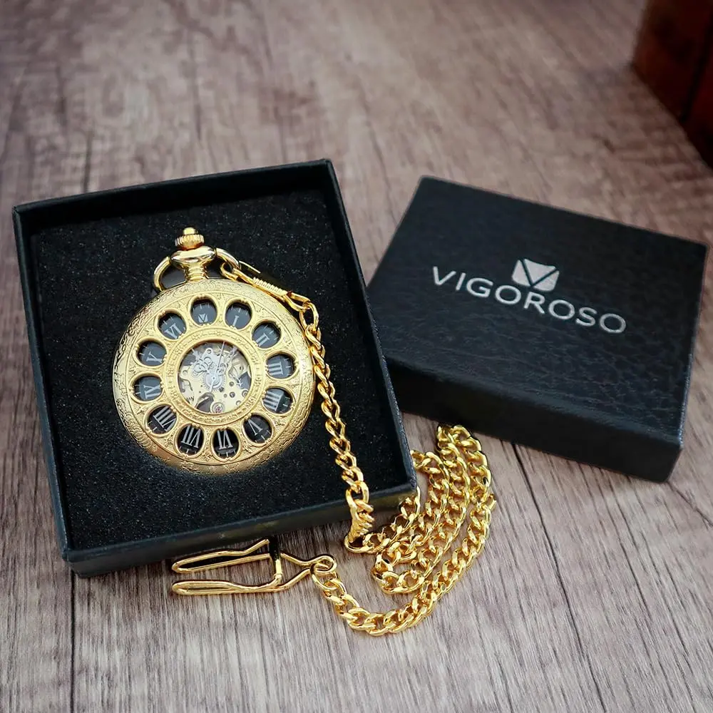 VIGOROSO Mechanical Pocket Watch for Men Gold | Vintage Roman Numerals & Floral Engraved Cover - view 6