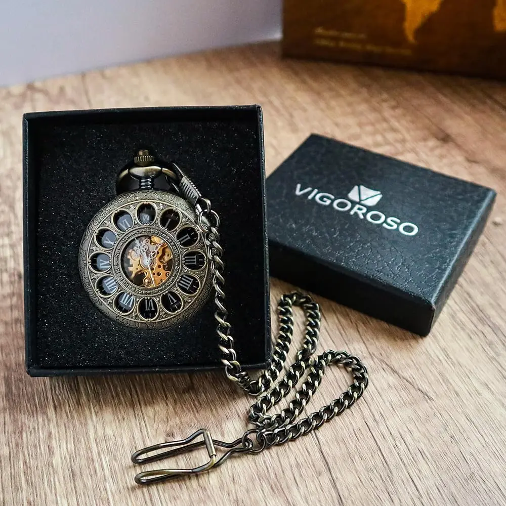 VIGOROSO Mechanical Pocket Watch for Men Gold | Vintage Roman Numerals & Floral Engraved Cover - view 7