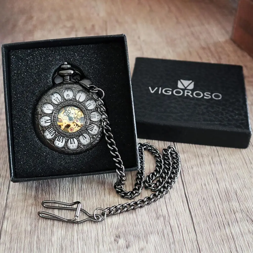 VIGOROSO Mechanical Pocket Watch for Men Gold | Vintage Roman Numerals & Floral Engraved Cover - view 8