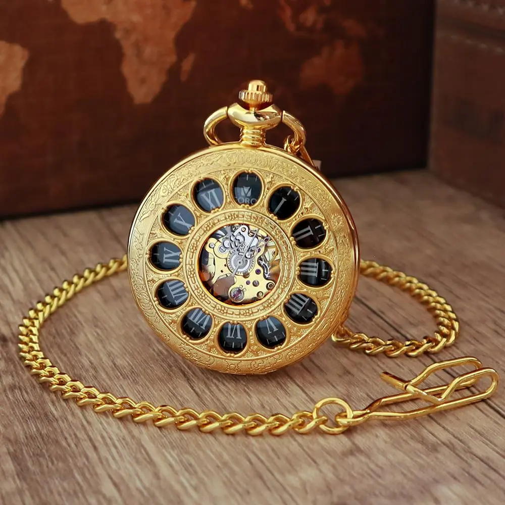 VIGOROSO Mechanical Pocket Watch for Men Gold | Vintage Roman Numerals & Floral Engraved Cover - view 2