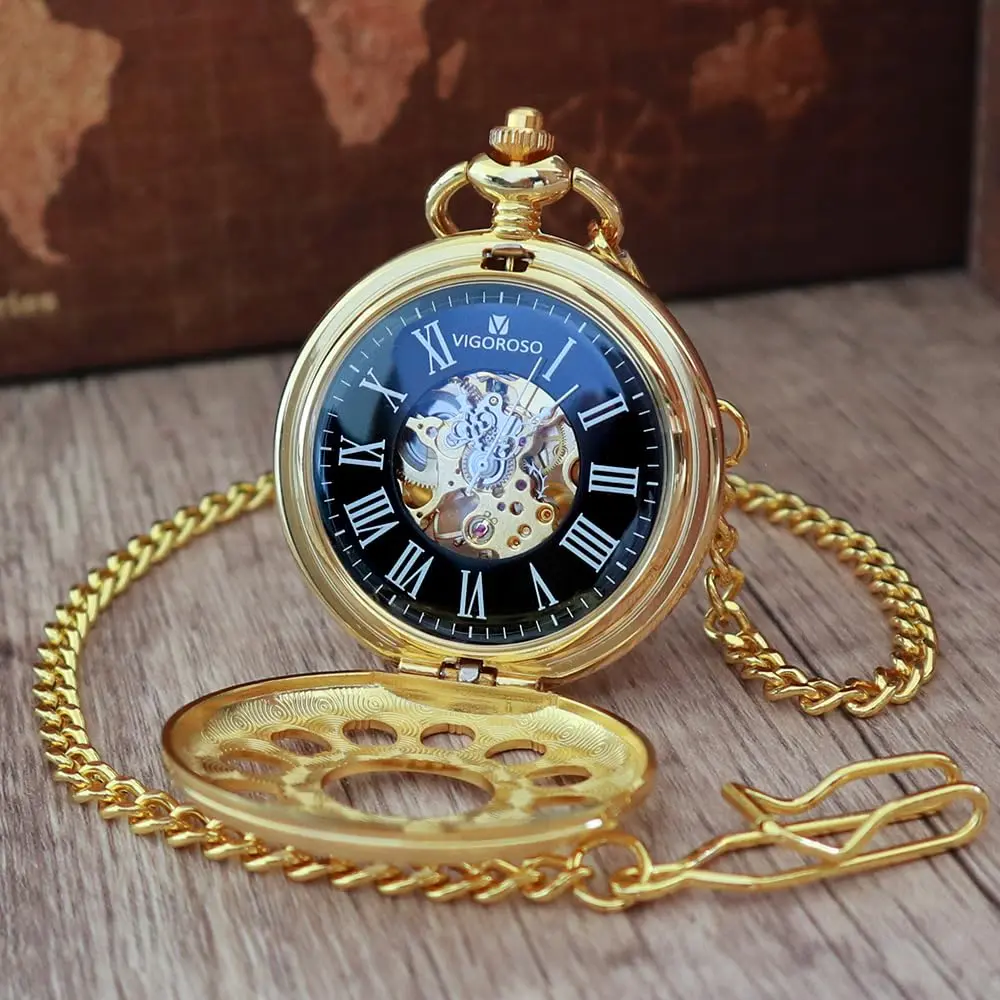 VIGOROSO Mechanical Pocket Watch for Men Gold | Vintage Roman Numerals & Floral Engraved Cover - view 3