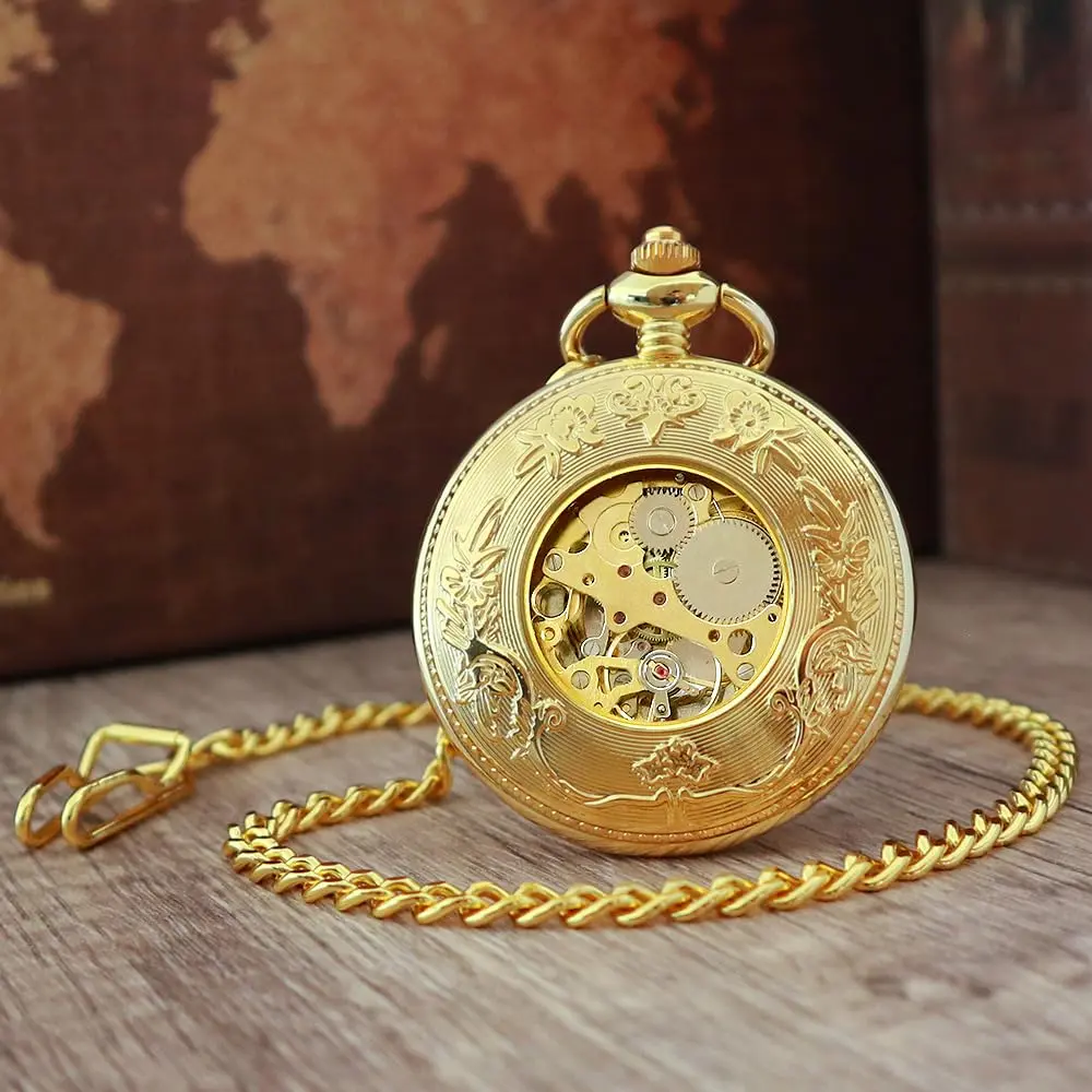 VIGOROSO Mechanical Pocket Watch for Men Gold | Vintage Roman Numerals & Floral Engraved Cover - view 4