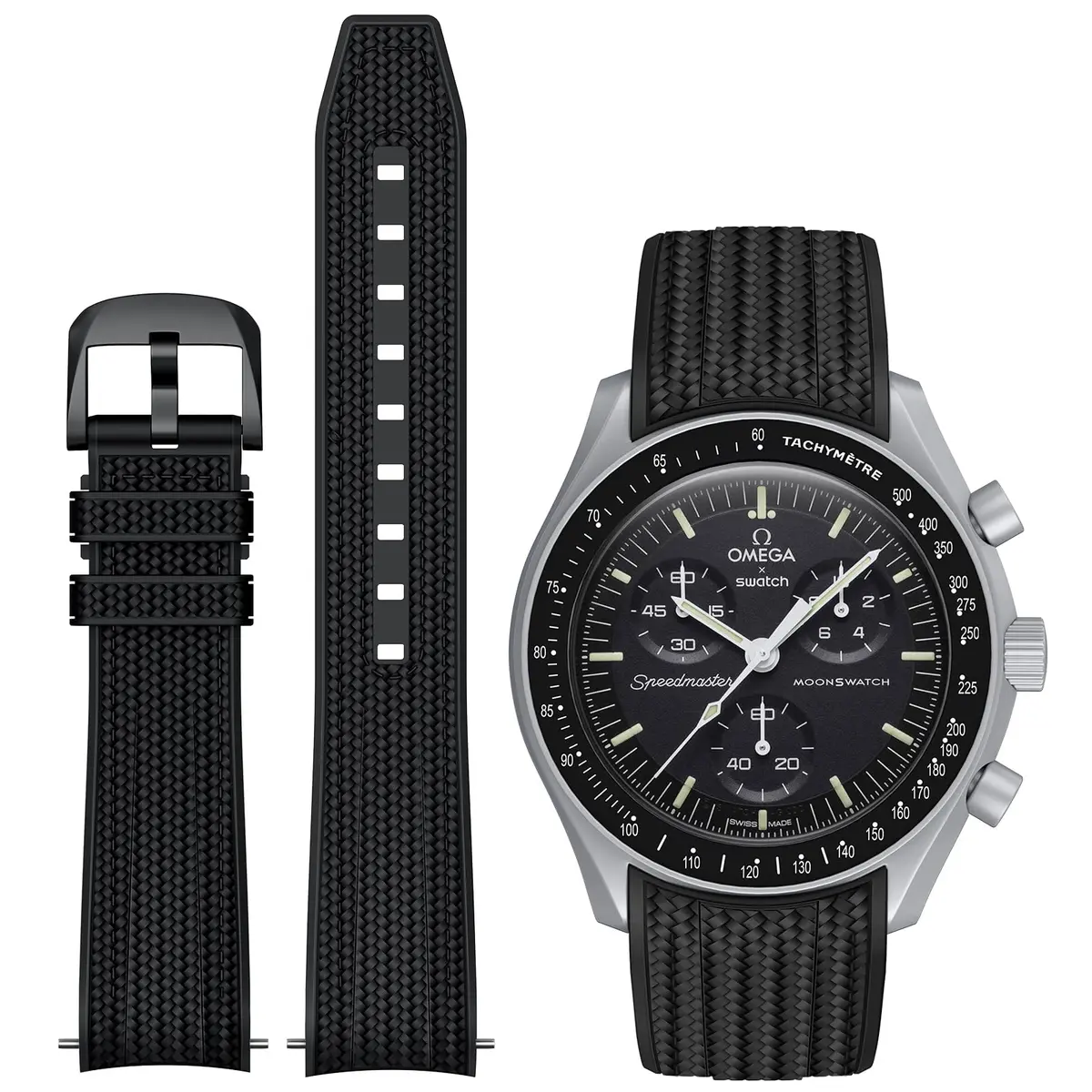 REBANDACE Silicone Watch Strap for Omega x Swatch Moonswatch, 20mm No-Gap Curved Black | Fits 6.2-8.8 inch Wrists - main product image