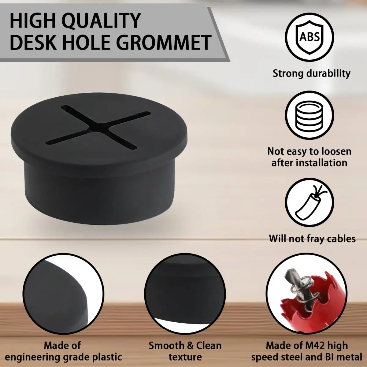 KITANIS 1 Inch (25mm) Black-Cross Desk Grommet with Hole Saw | 12-Piece Set for Cable Management - view 3