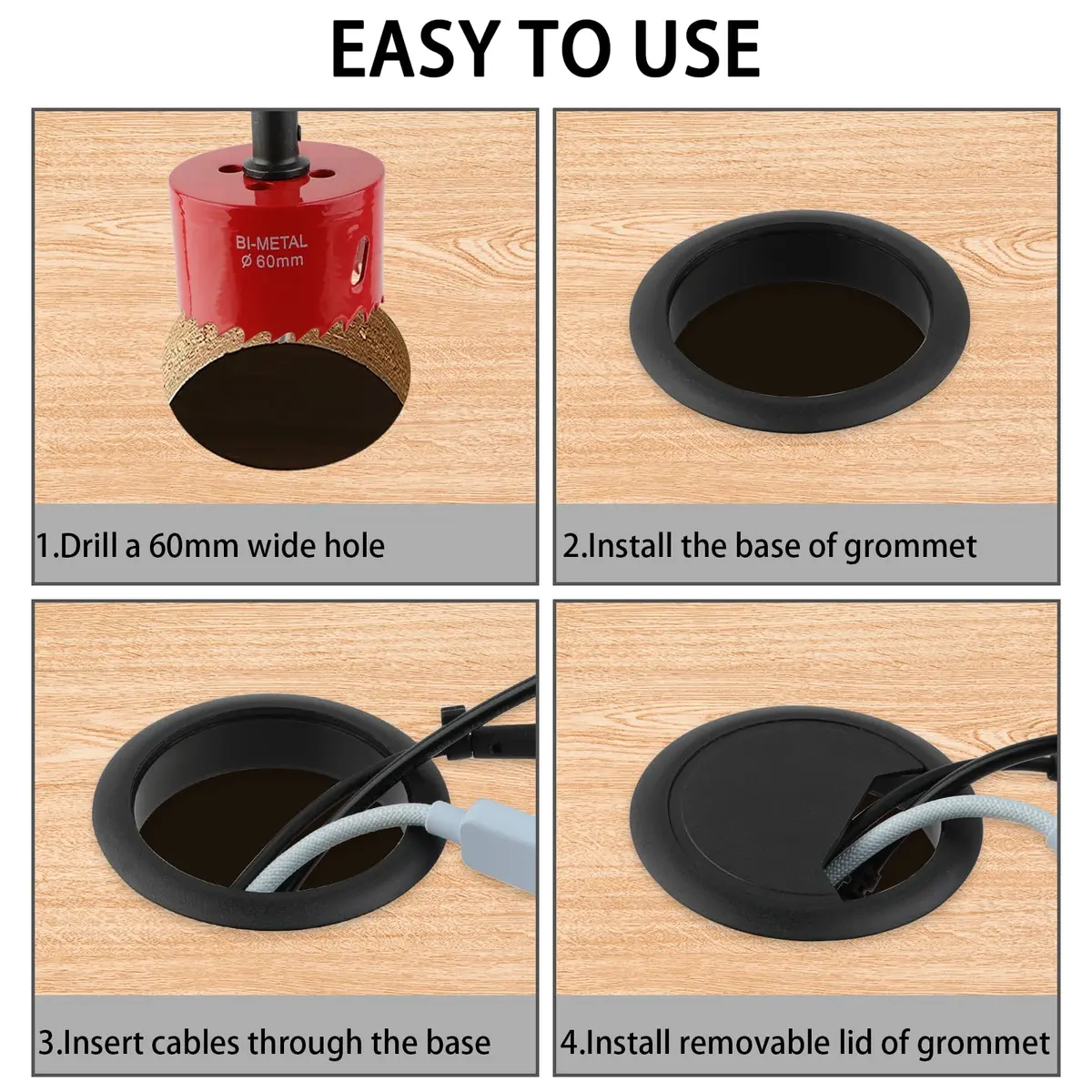 KITANIS 2-3/8 Inch(60mm) Desk Grommet | Wire Management & Cable Cover in Black - view 4