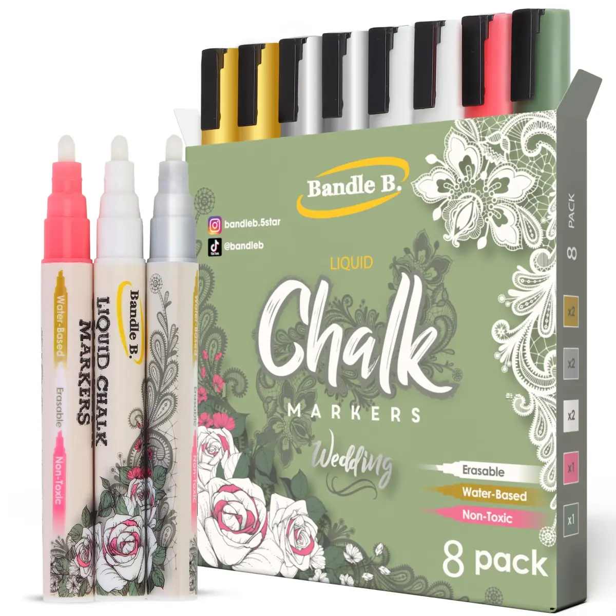 Bandle B. Wedding Edition Liquid Chalk Markers 8-Pack | Non-Toxic & Erasable for Special Events - main product image