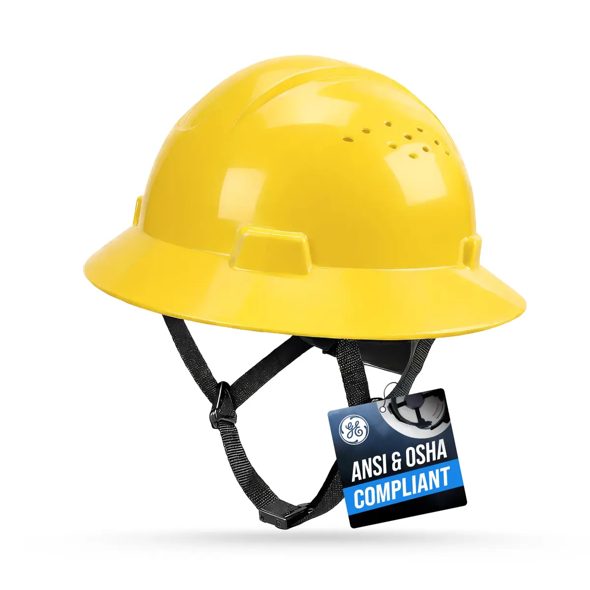 GE Hard Hat - Full Brim, Padded, 4-Point Ratchet Suspension, Vented, Yellow | ANSI Z89.1-2014 Impact & Impact Resistance - main product image
